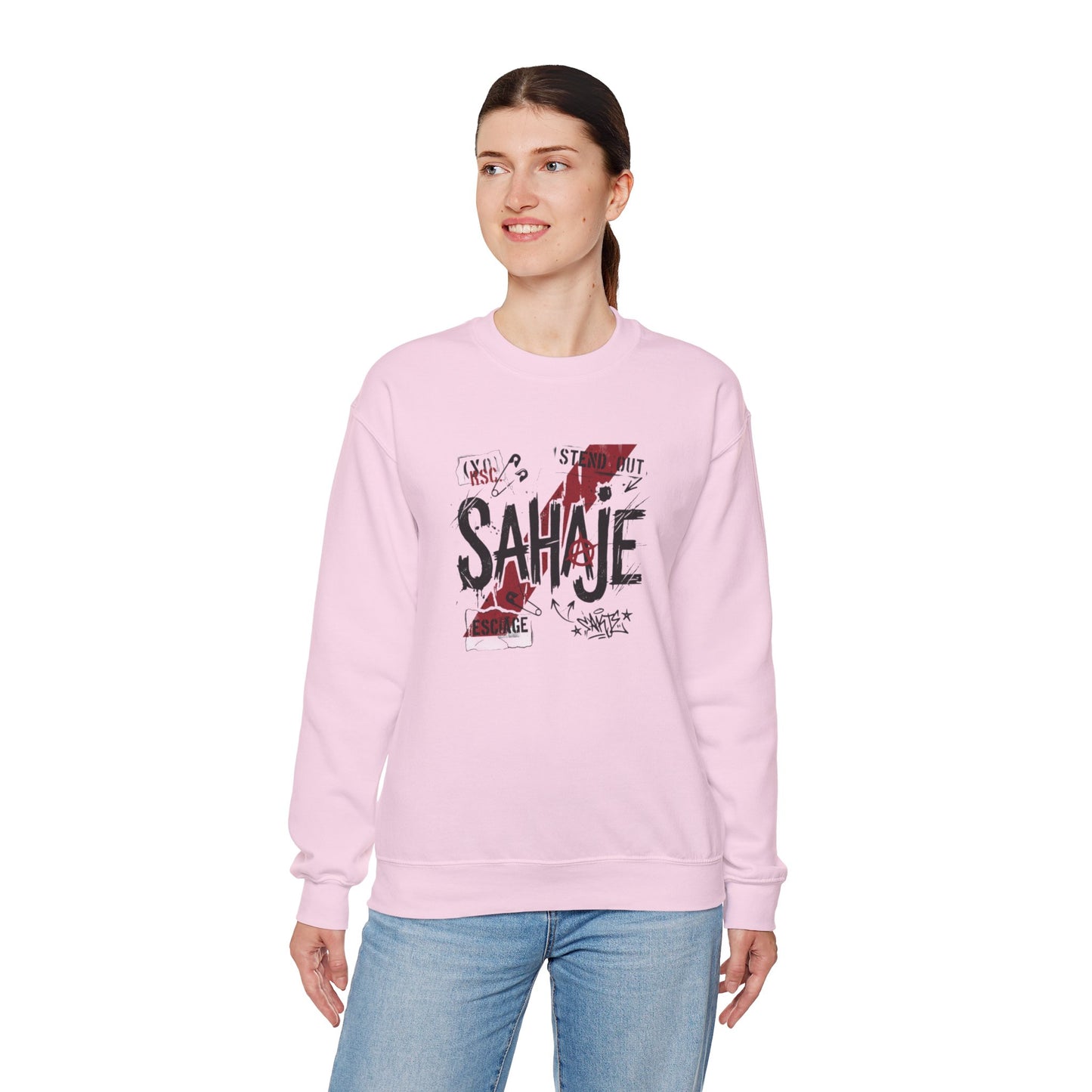 Crewneck Sweatshirt — 'Sahaje' Distressed Script Graphic