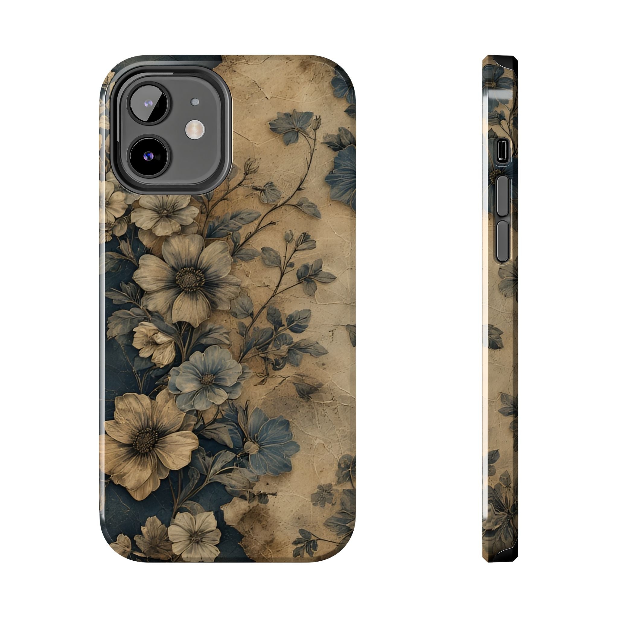 Vintage Floral Tough Phone Case — Antique Beige & Navy Protective Cover