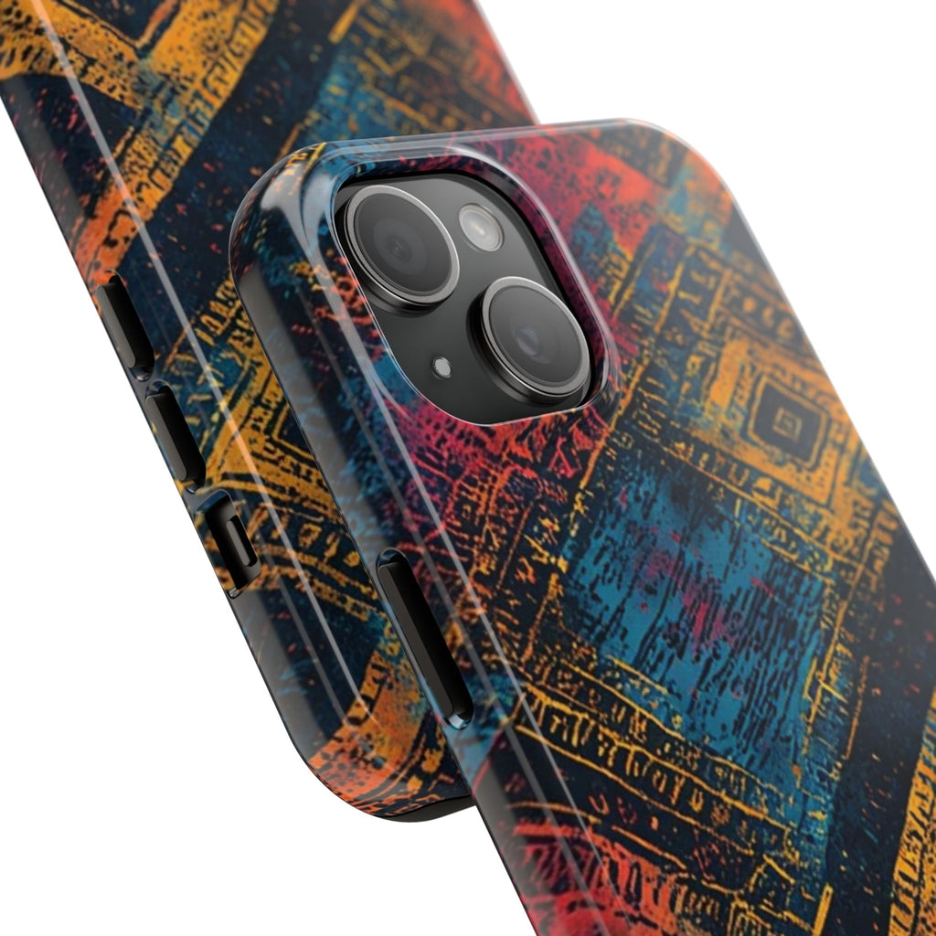 Tough Phone Case – Abstract Rustic Geometric Design (Blue, Orange, Magenta)