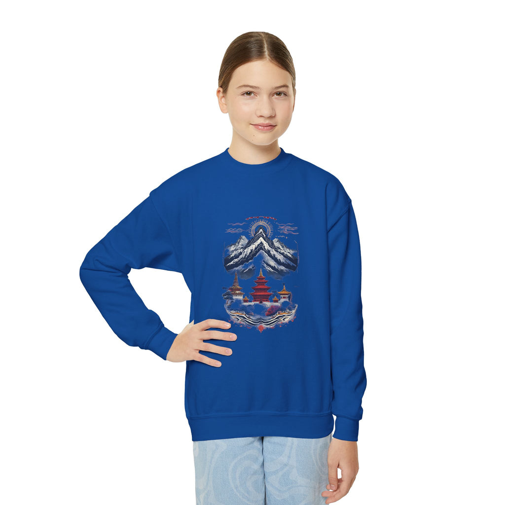 Youth Mountain Holiday Crewneck Sweatshirt — Cozy Winter Tree Graphic