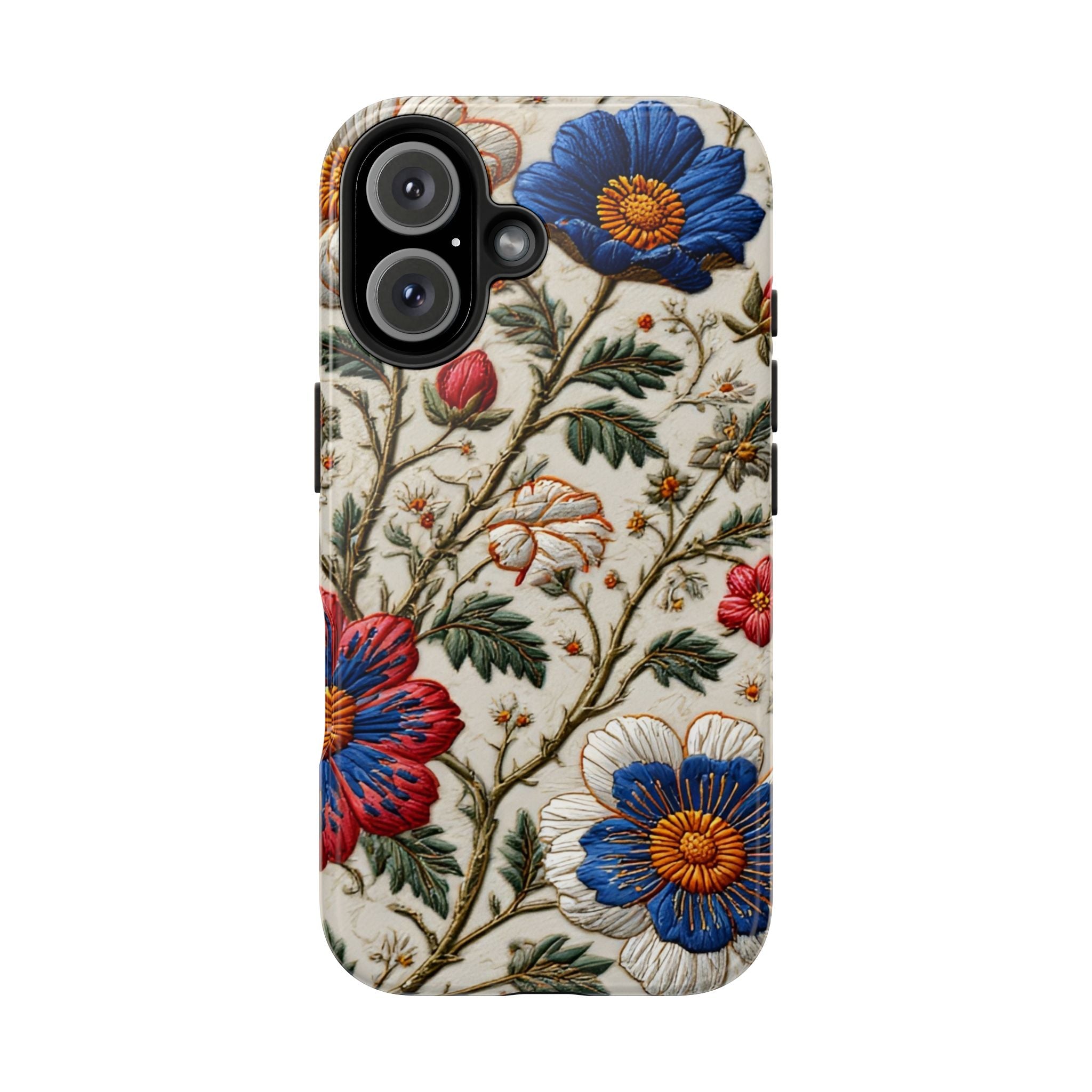 Floral Embroidery Tough Phone Case — Vintage Blue & Red Garden Design