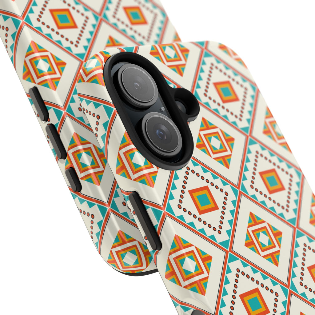 Tough Phone Case — Geometric Retro Tile Pattern, Orange & Teal Protective Cover