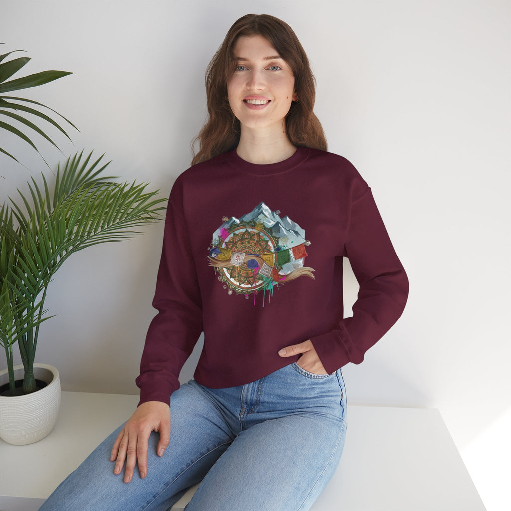 Adventure Mountain Crewneck Sweatshirt — Colorful Hiking Compass & Peaks Design