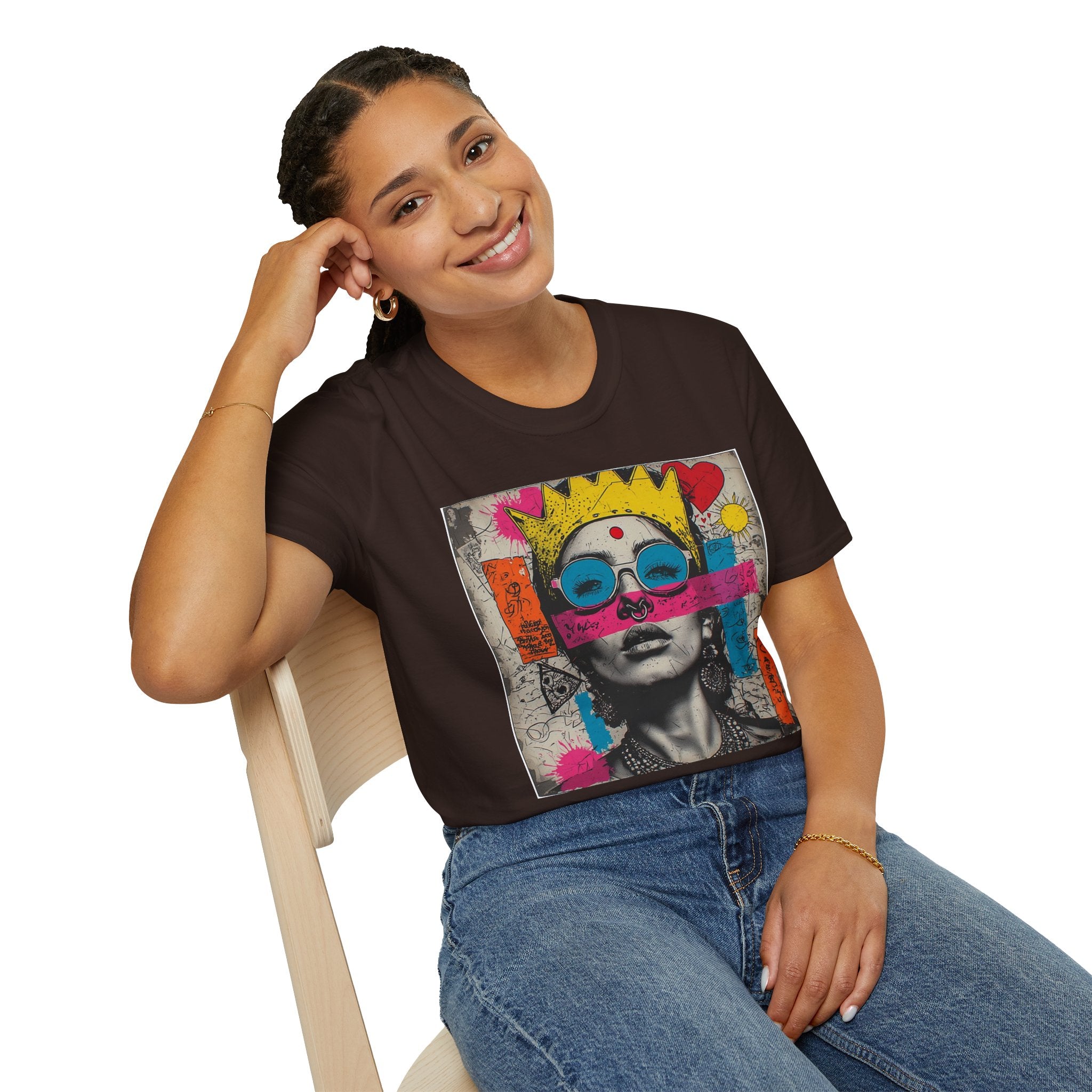 Abstract Pop Art Portrait T-Shirt — Neon Crown & Sunglasses Graphic