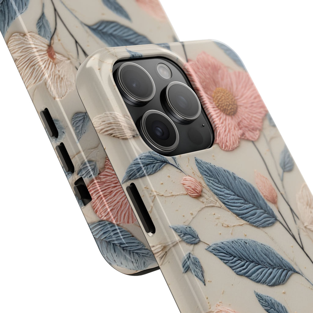 Floral Embroidered Tough Phone Case — Pink Blossom Protective Phone Cover