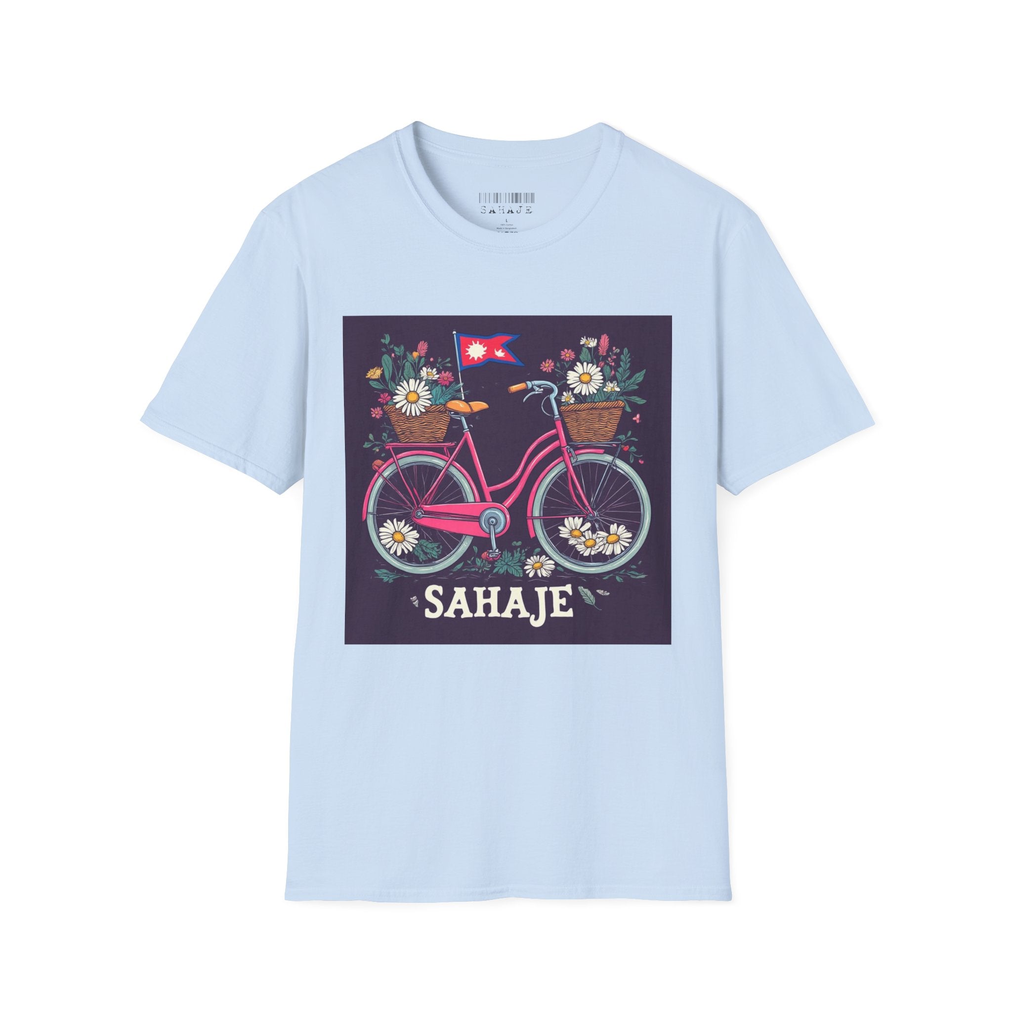 Bicycle Floral T-Shirt – Pink Bike with Baskets & "Sahaje" Text