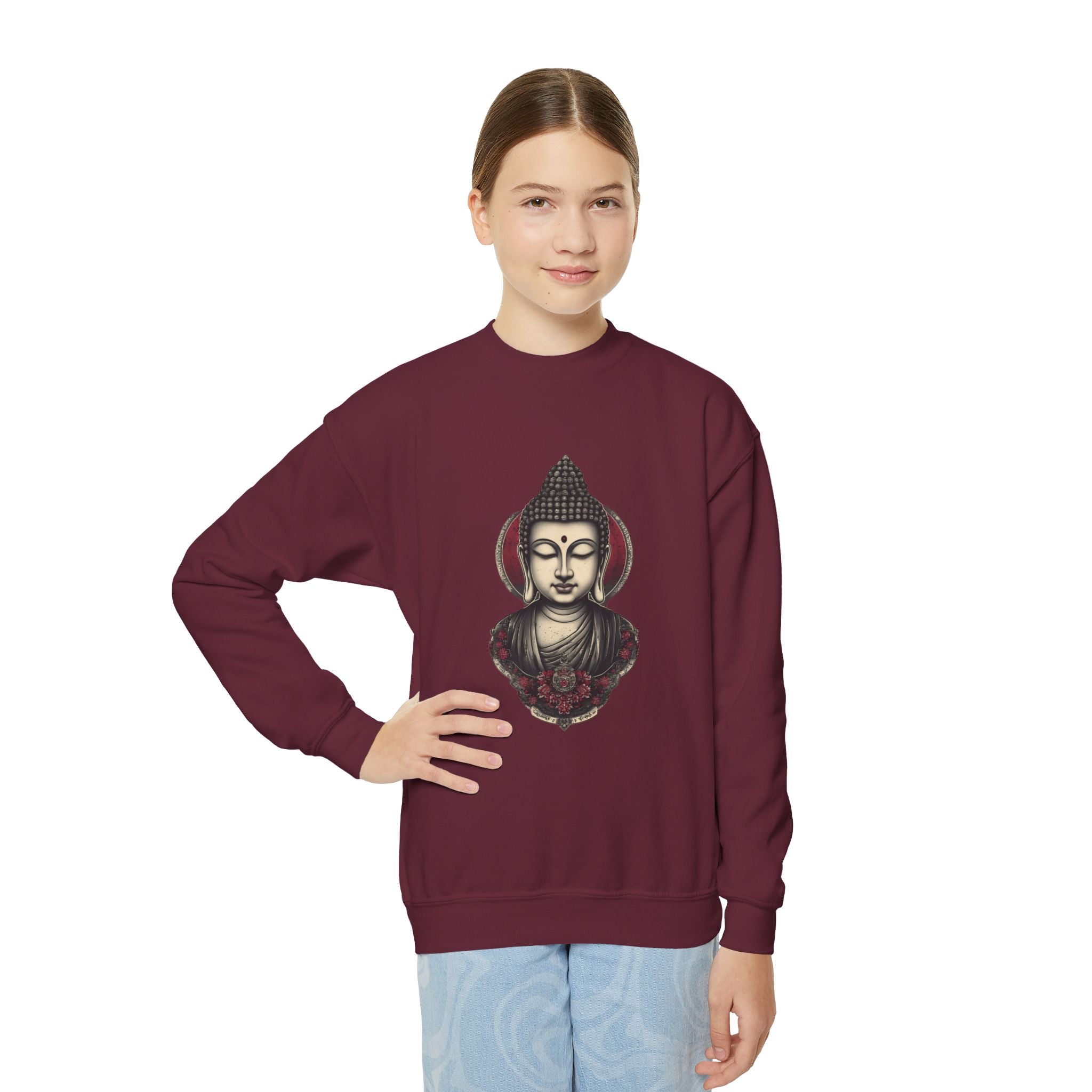 Buddha Head Crewneck Sweatshirt — Youth Mindfulness Graphic Pullover