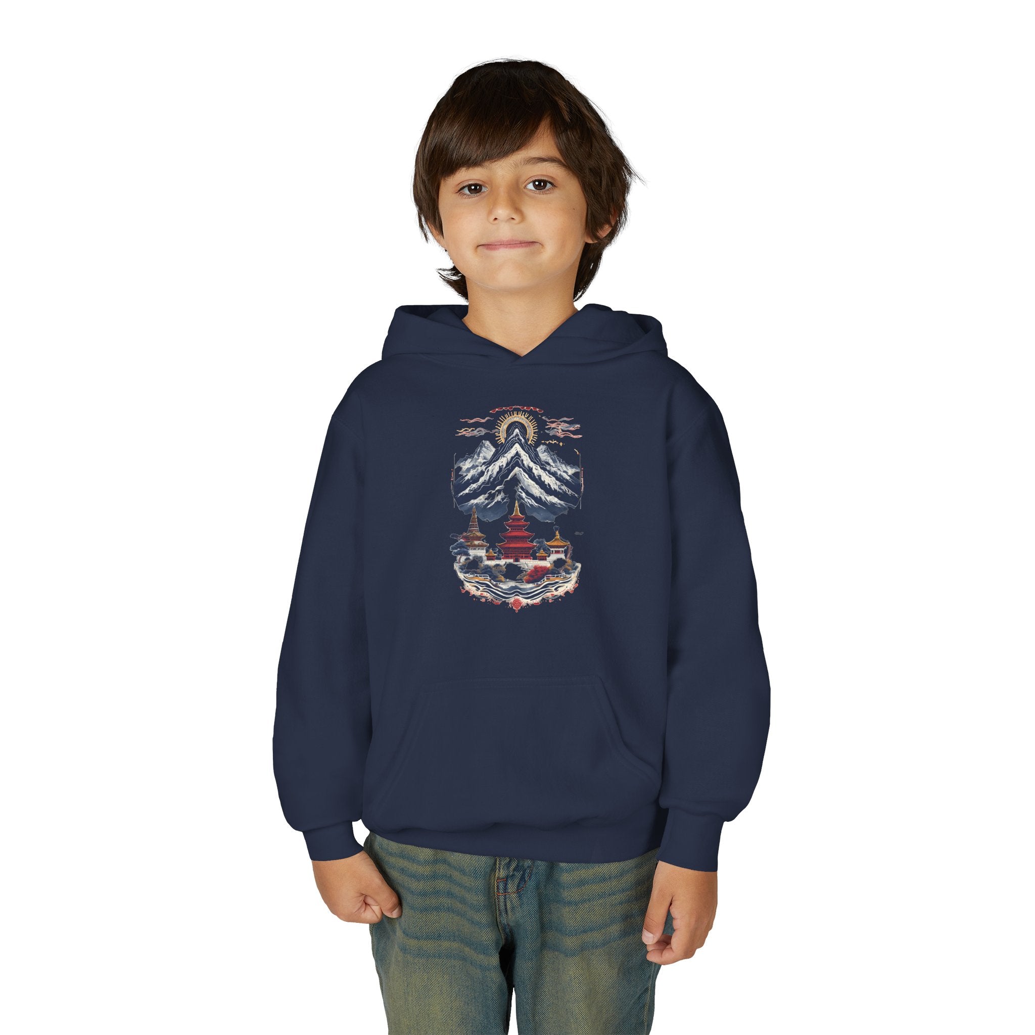 Youth Hoodie — Mountain Pagoda Watercolor Graphic (Asian Temple Winter Vibe)