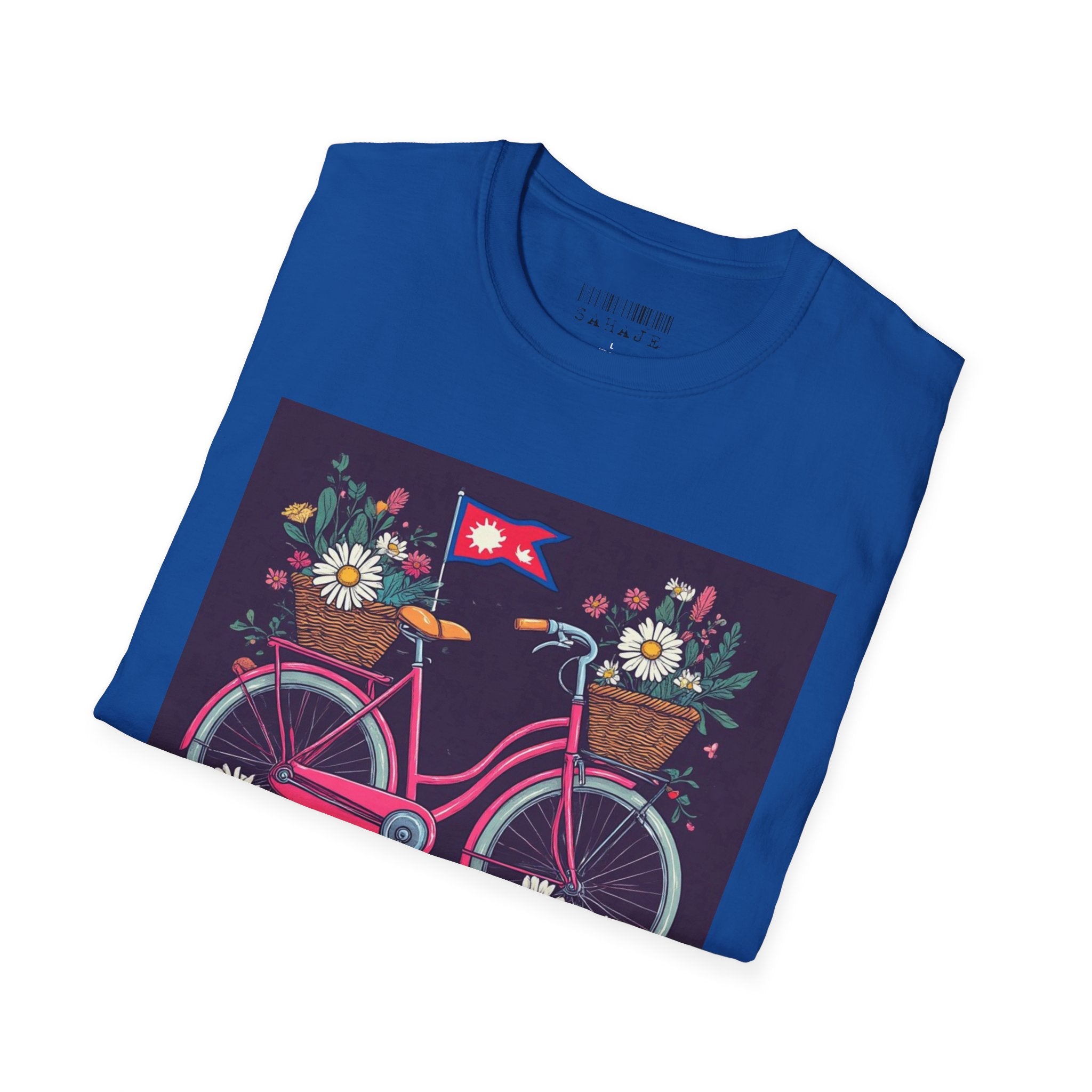 Bicycle Floral T-Shirt – Pink Bike with Baskets & "Sahaje" Text
