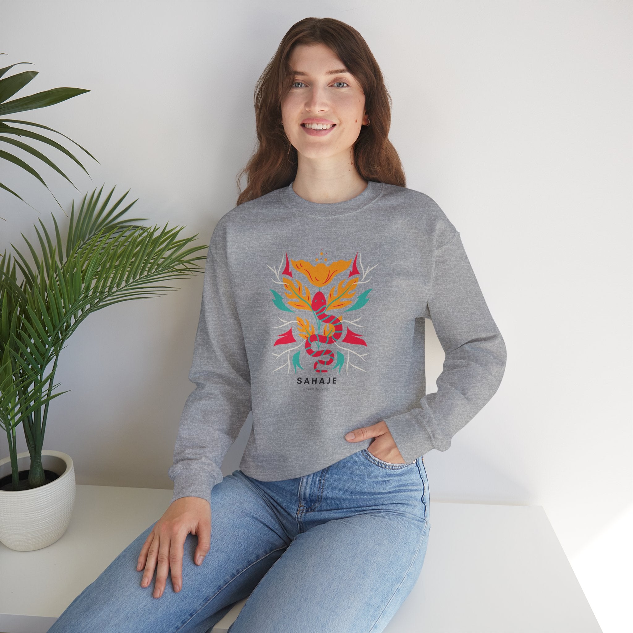 Sahajé Floral Snake Crewneck Sweatshirt — Colorful Botanical Serpent Graphic