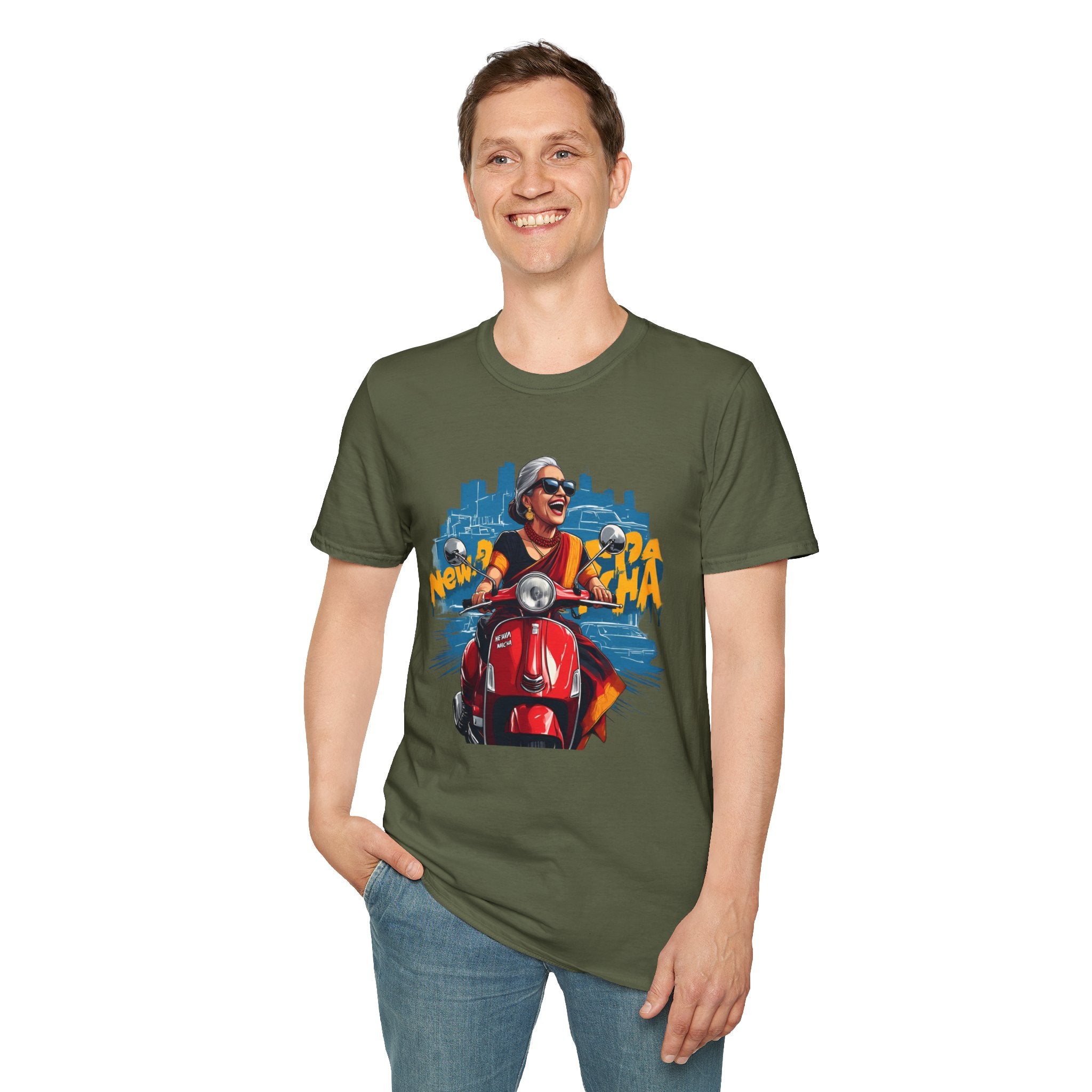 Newa Maicha Riding Scooter T-Shirt – Newari Woman in New York Graphic Tee, Cultural & Urban Design