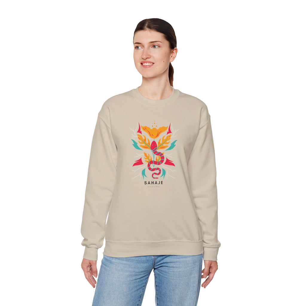 Sahajé Floral Snake Crewneck Sweatshirt — Colorful Botanical Serpent Graphic