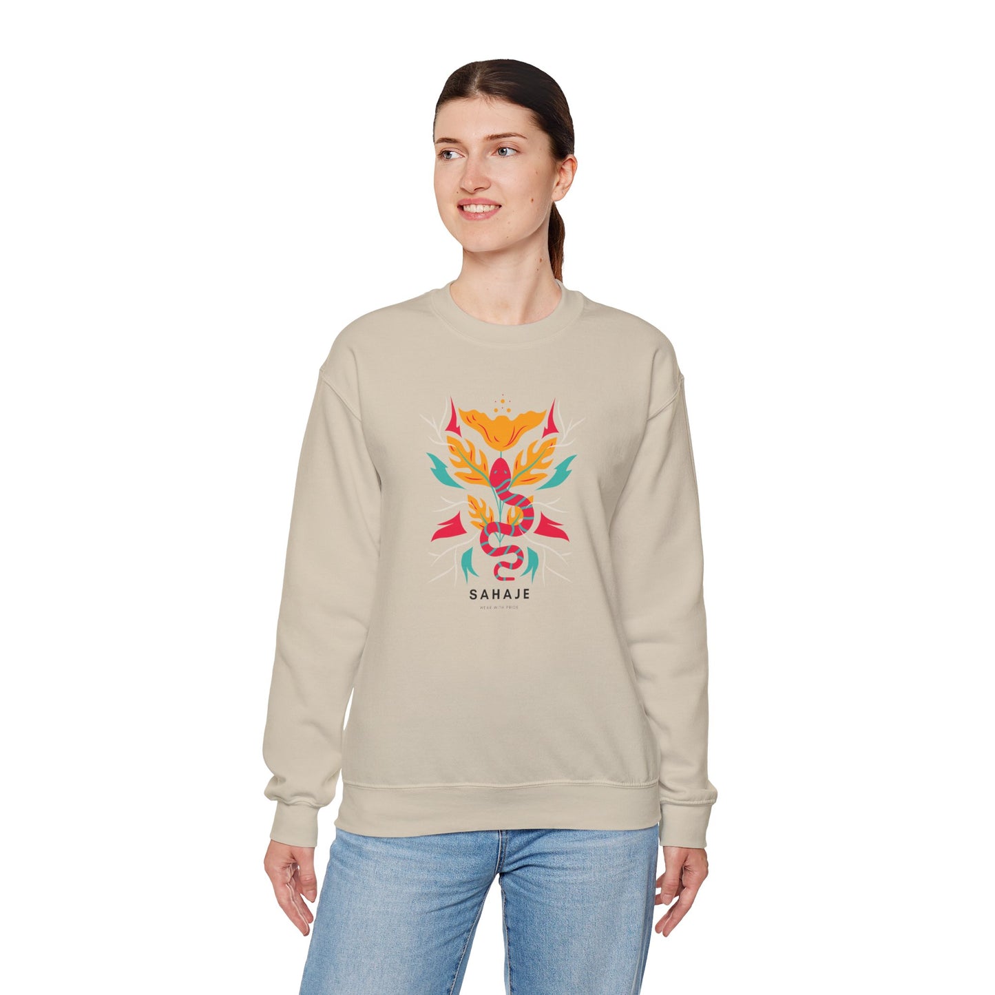 Sahajé Floral Snake Crewneck Sweatshirt — Colorful Botanical Serpent Graphic