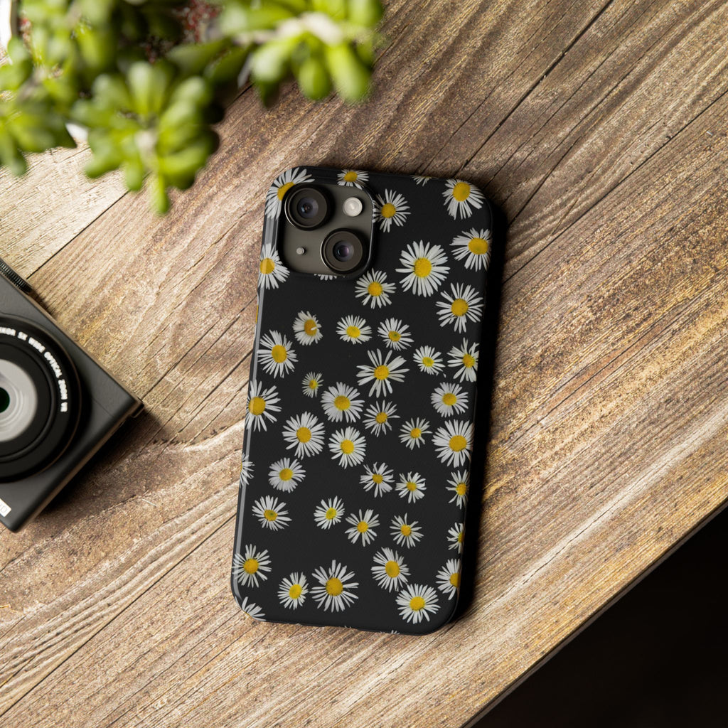 Daisy Pattern Slim Phone Case — Black Background Floral iPhone Case