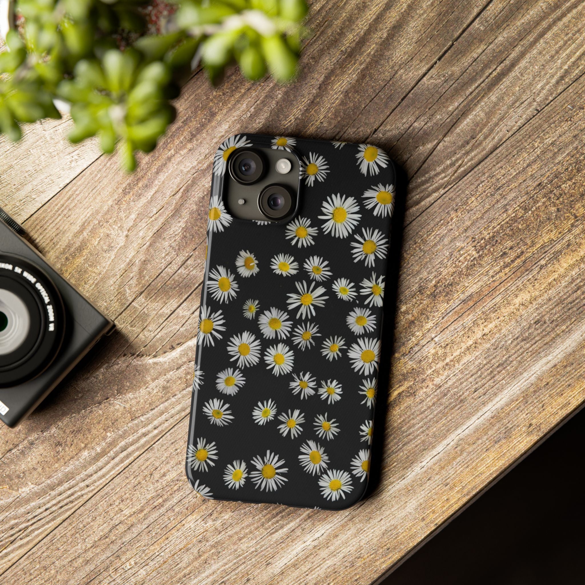 Daisy Pattern Slim Phone Case — Black Background Floral iPhone Case