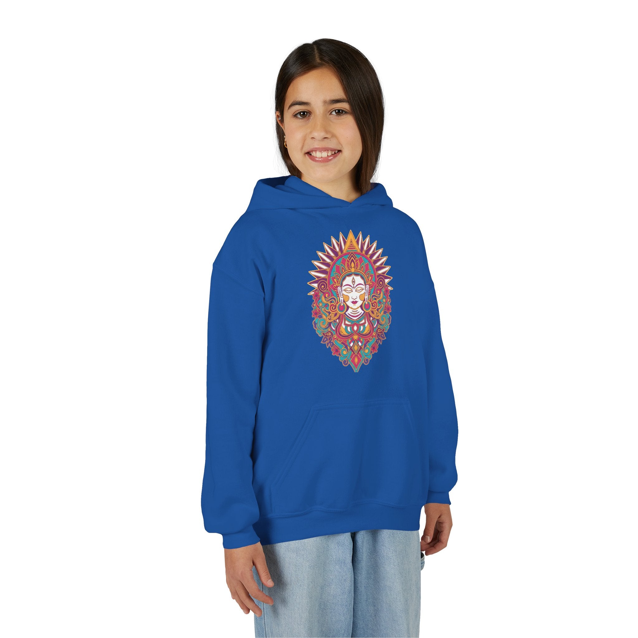 Youth Hoodie with Colorful Sugar Skull Goddess Design — Day of the Dead Kids Pullover