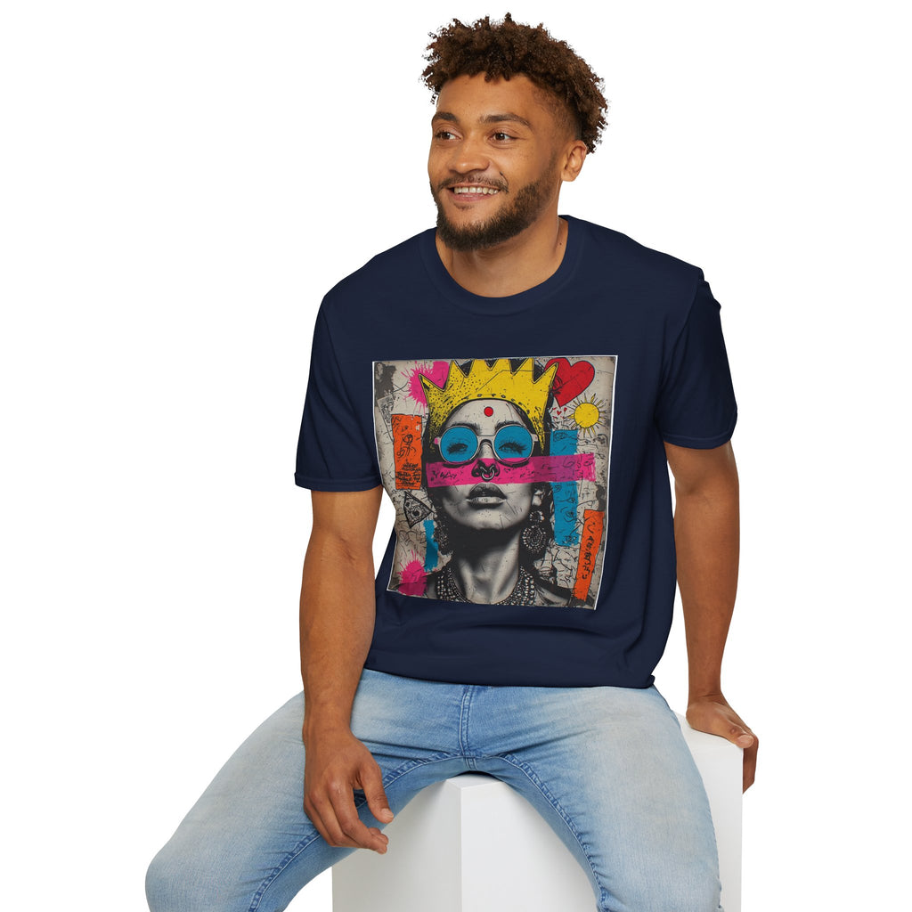Abstract Pop Art Portrait T-Shirt — Neon Crown & Sunglasses Graphic