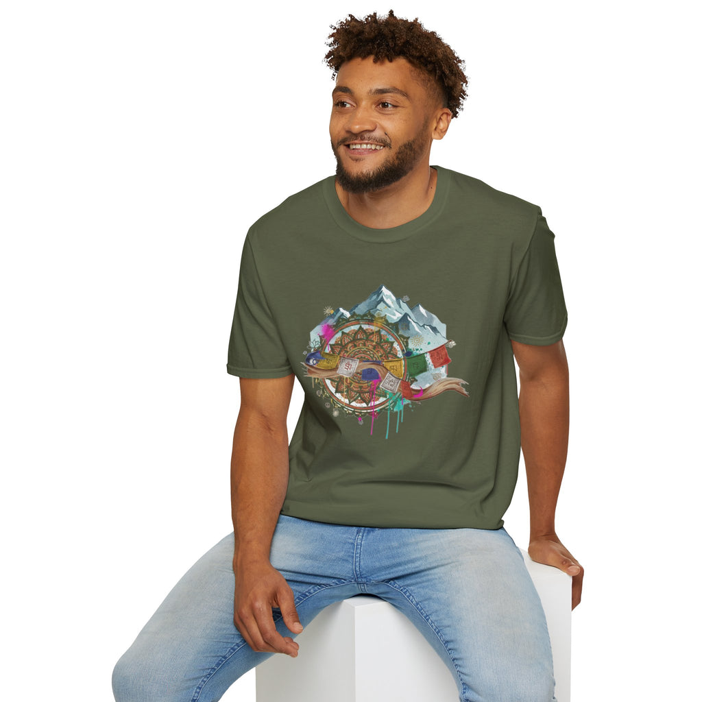 Adventure Compass T-Shirt — Mountain Compass with Prayer Flags & Colorful Globe