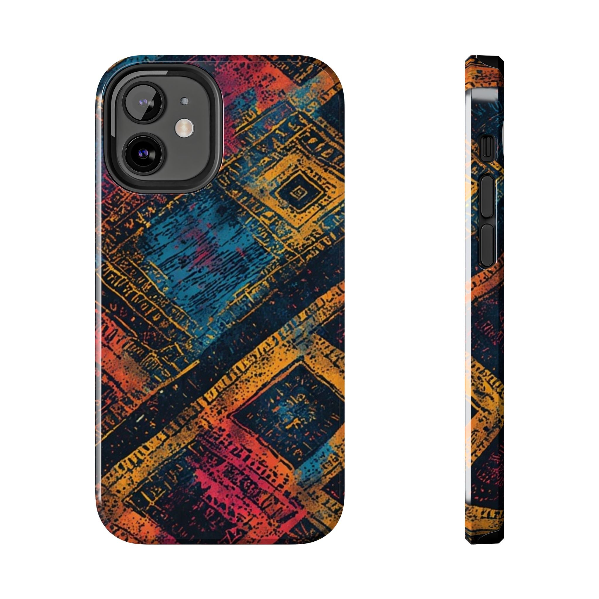 Tough Phone Case – Abstract Rustic Geometric Design (Blue, Orange, Magenta)