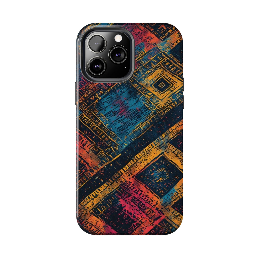Tough Phone Case – Abstract Rustic Geometric Design (Blue, Orange, Magenta)