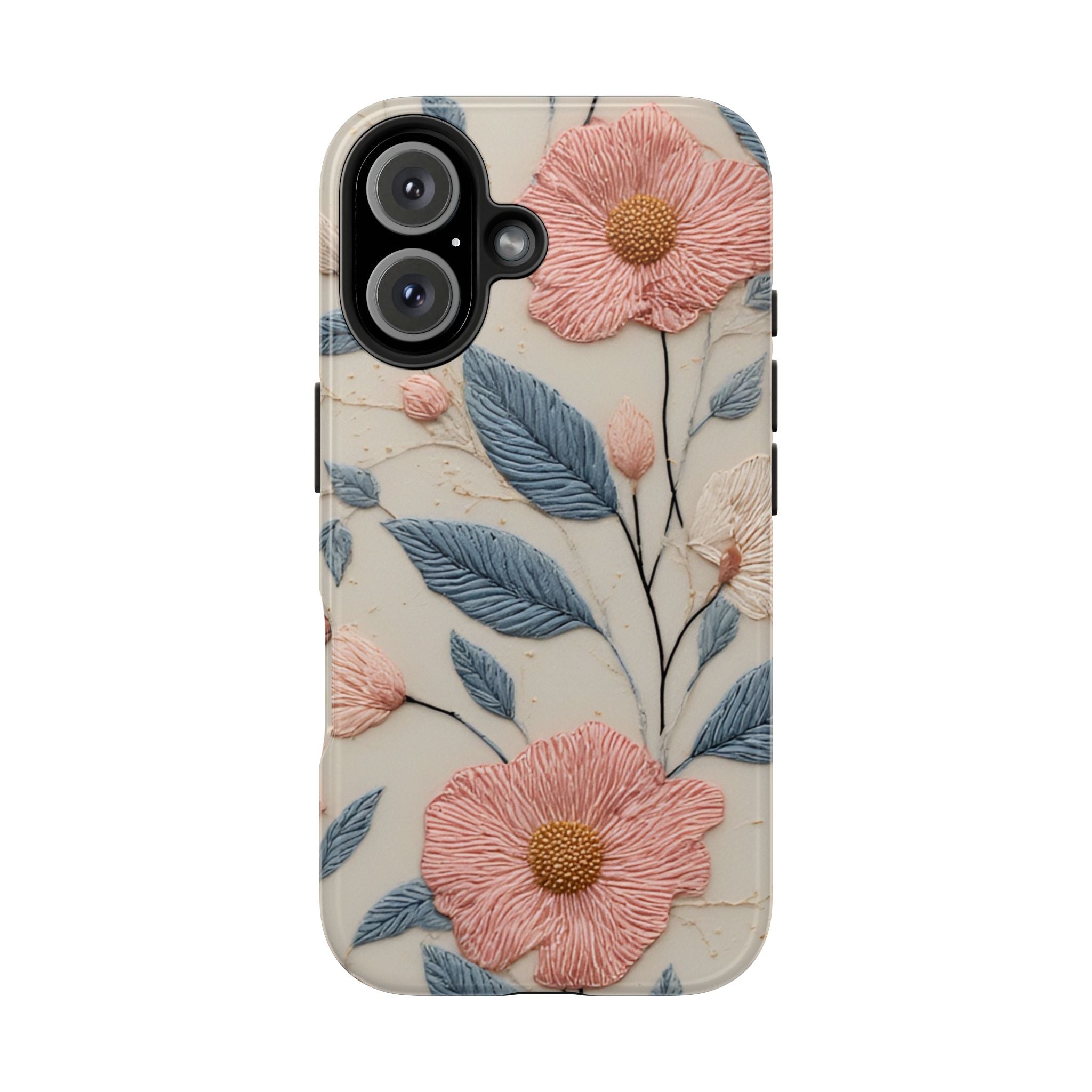 Floral Embroidered Tough Phone Case — Pink Blossom Protective Phone Cover