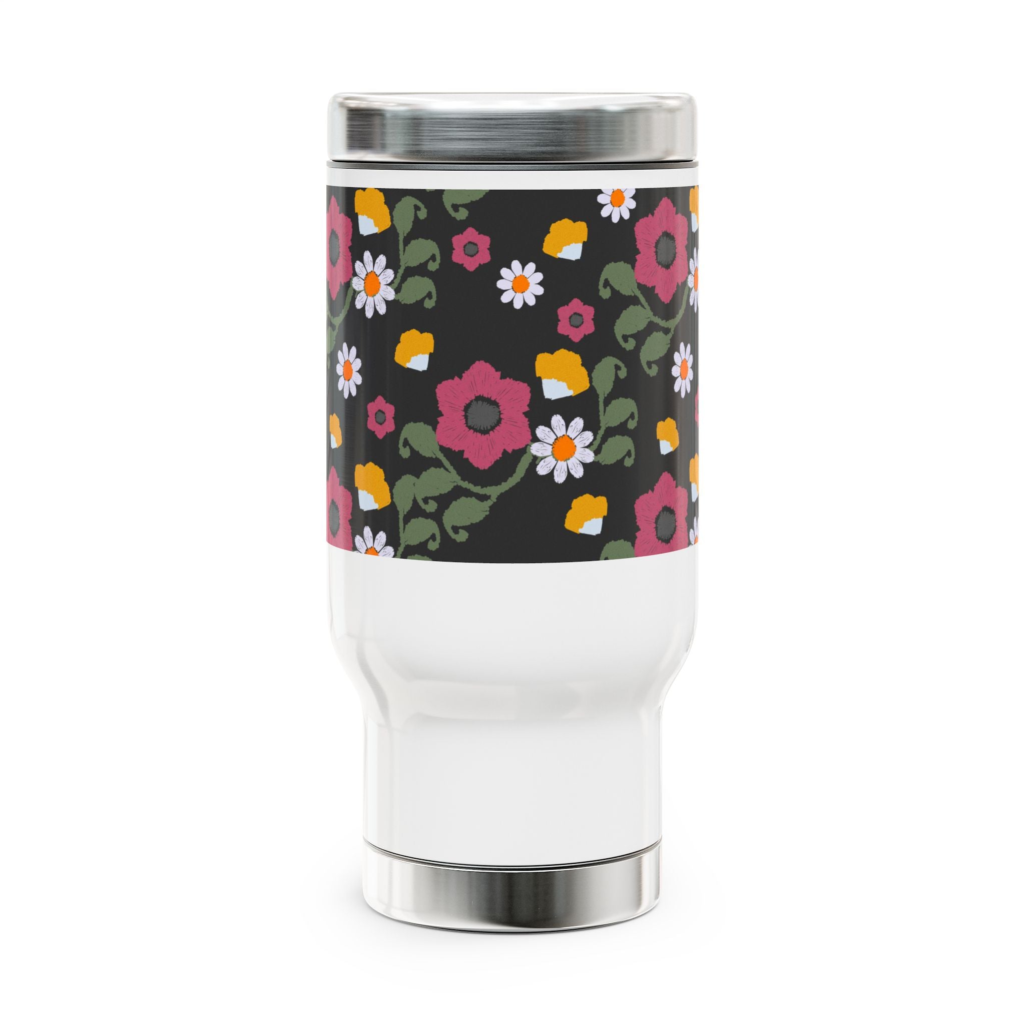 Chic Floral Travel Mug, Stainless Steel Insulated Coffee Cup with Handle, Perfect Gift for Nature Lovers, Camping, Road Trips, Floral Design