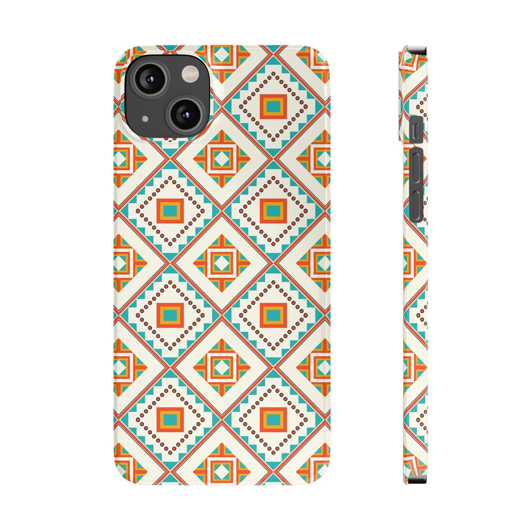 Slim Phone Case — Retro Geometric Tile Pattern (Turquoise & Orange)