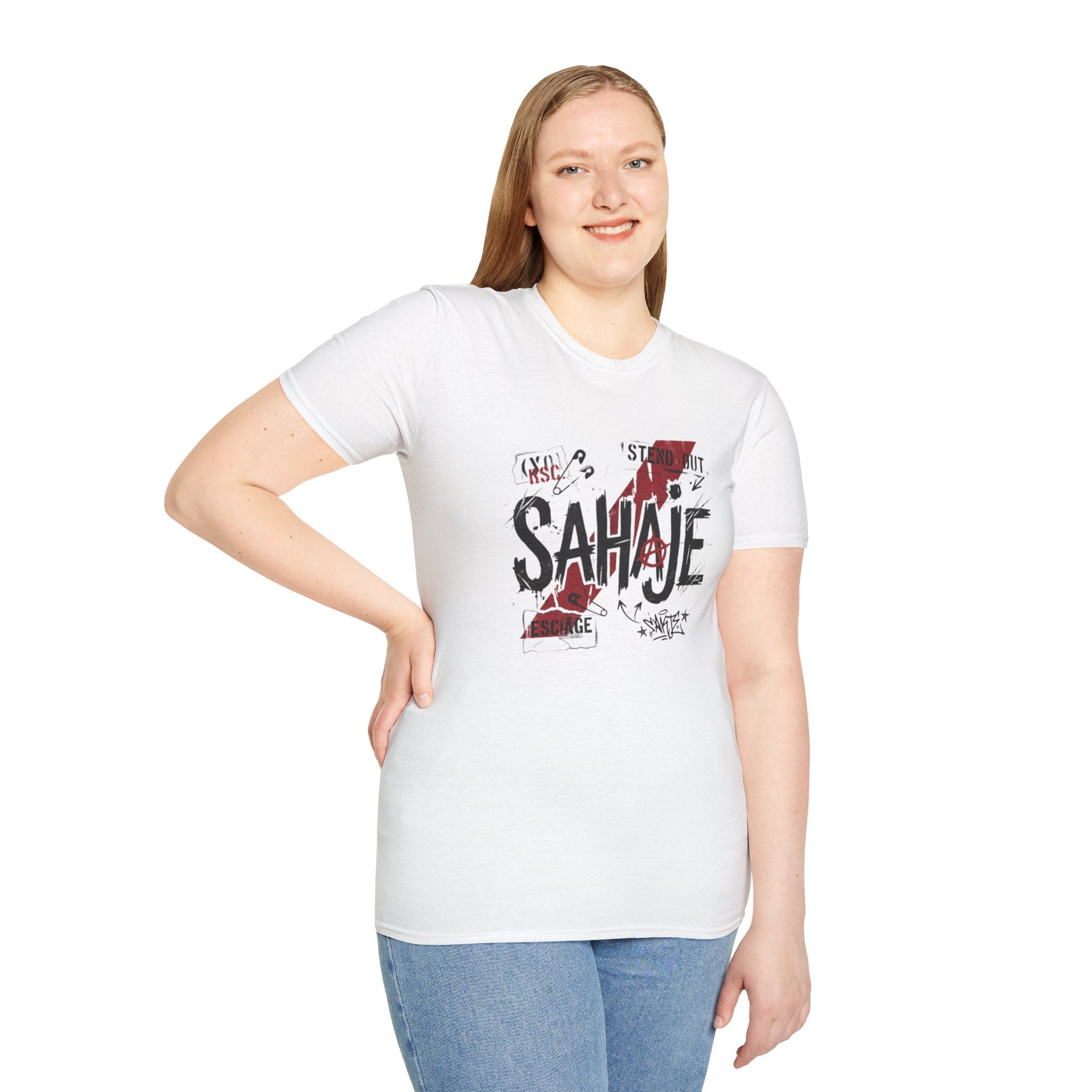 SAHAJE Graphic T‑Shirt — Distressed Red Accent Streetwear Tee
