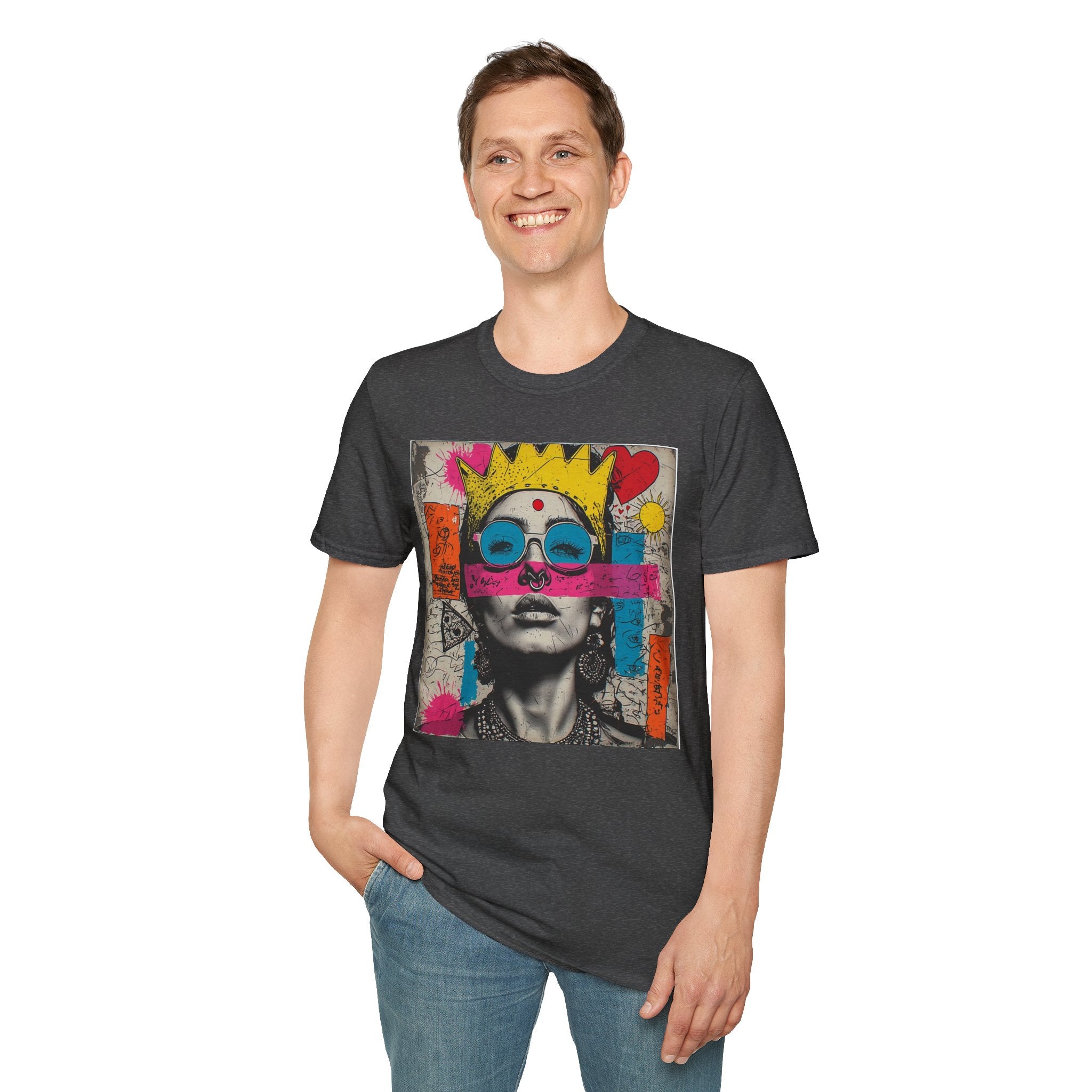 Abstract Pop Art Portrait T-Shirt — Neon Crown & Sunglasses Graphic