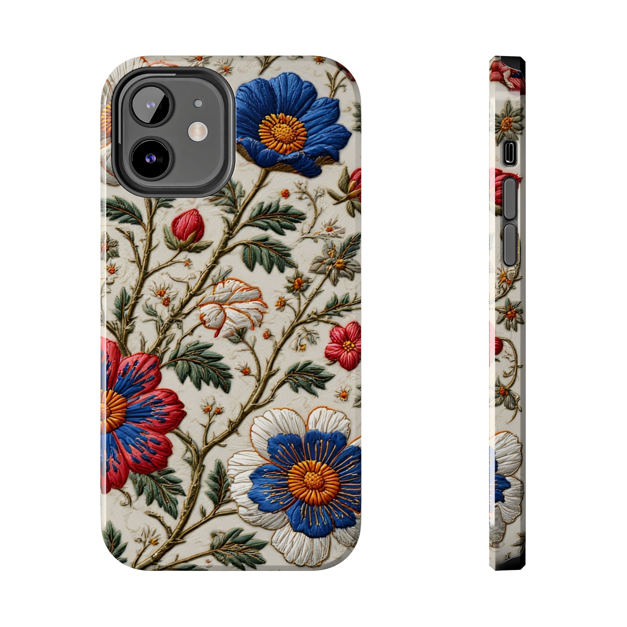 Floral Embroidery Tough Phone Case — Vintage Blue & Red Garden Design