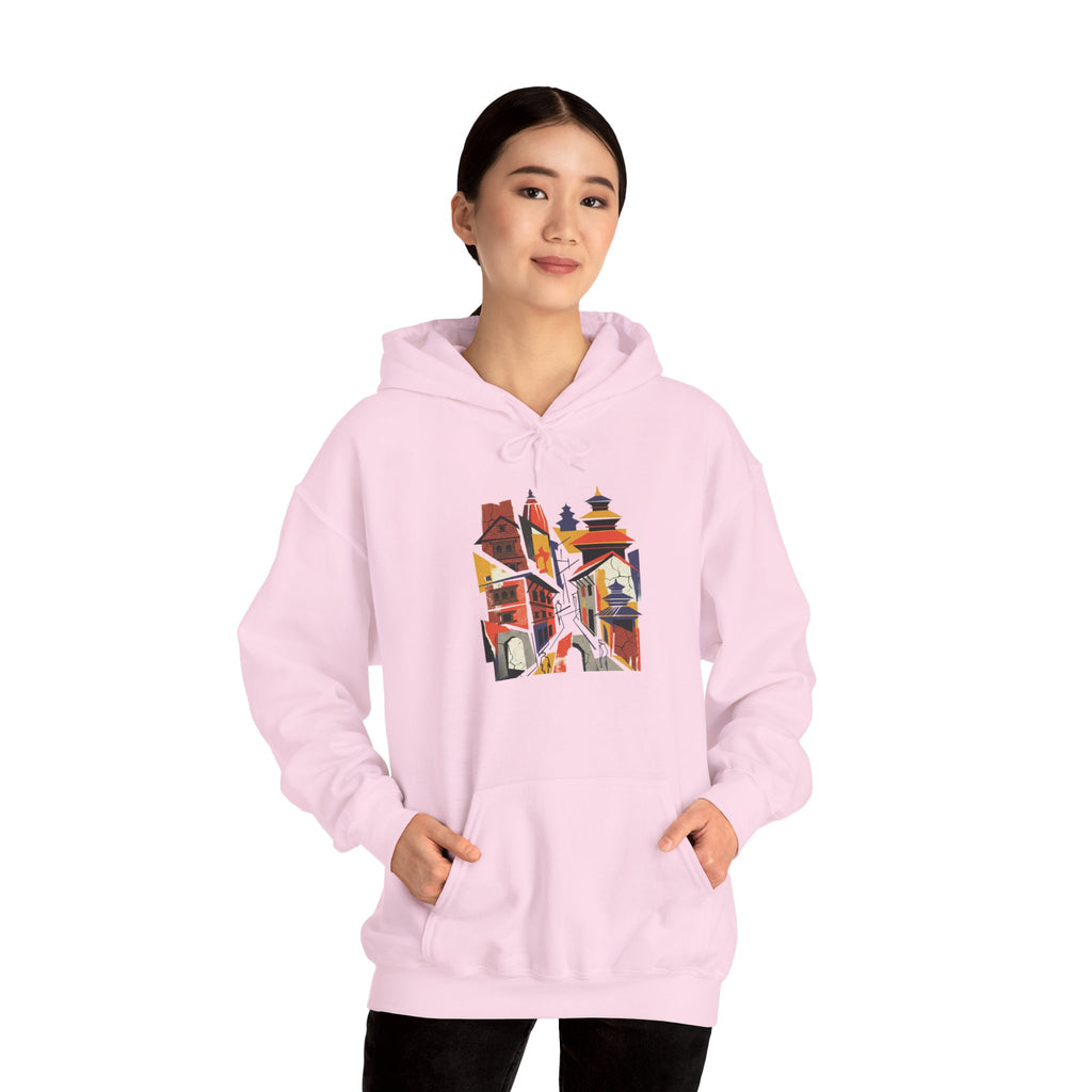 Cityscape Collage Hoodie — Colorful Urban Architecture Graphic Hoodie