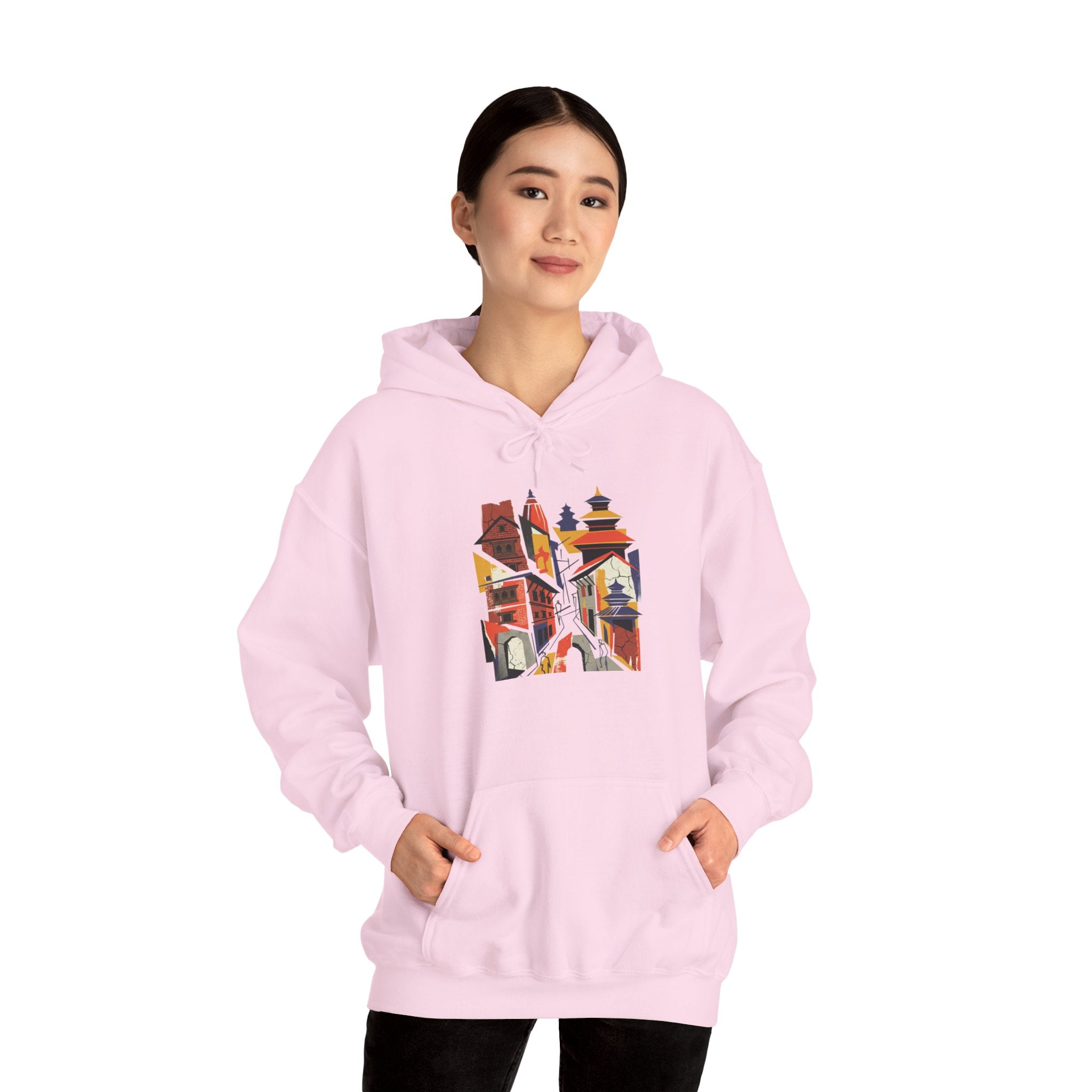 Cityscape Collage Hoodie — Colorful Urban Architecture Graphic Hoodie