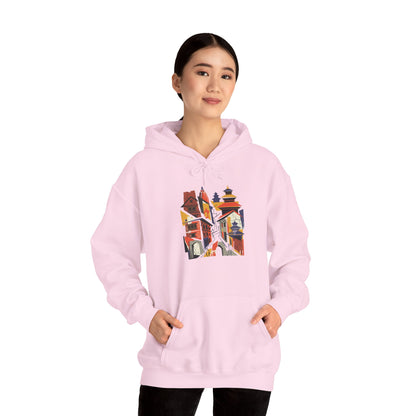 Cityscape Collage Hoodie — Colorful Urban Architecture Graphic Hoodie