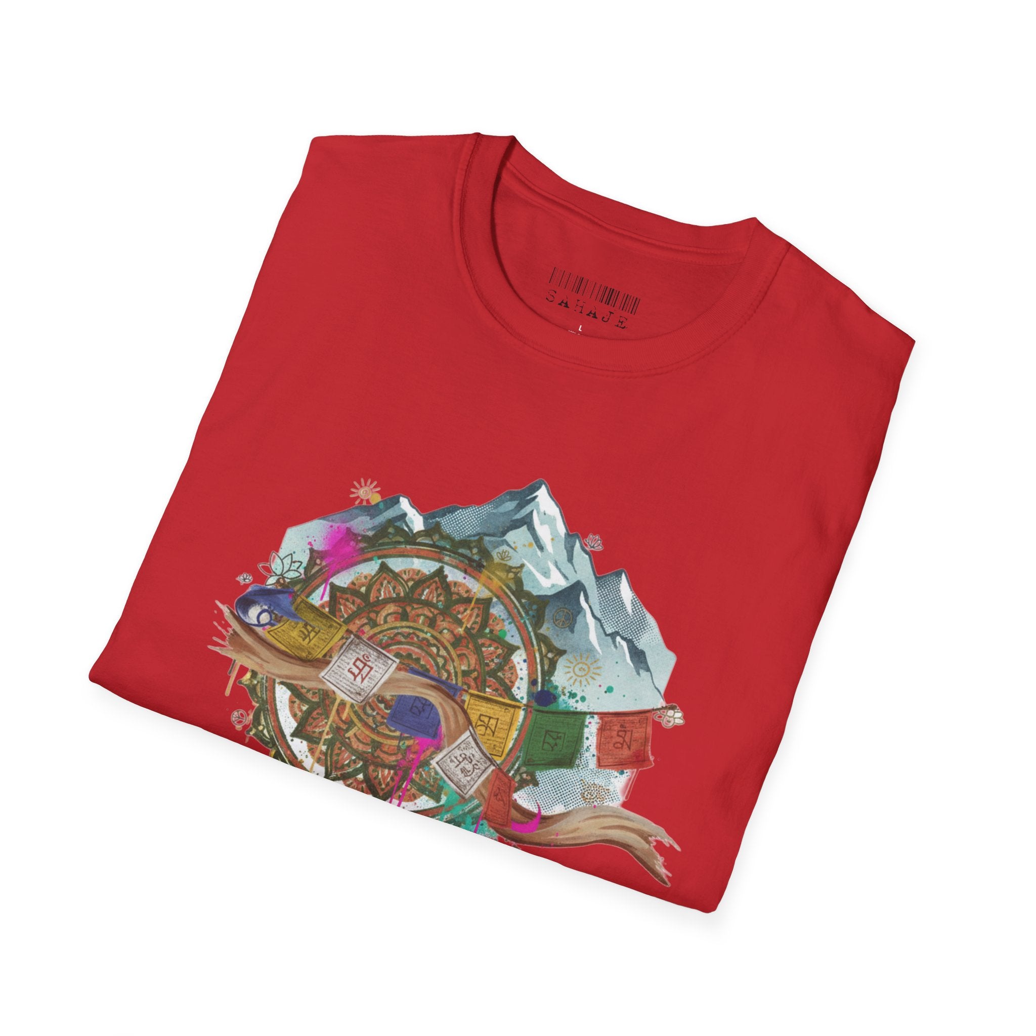 Adventure Compass T-Shirt — Mountain Compass with Prayer Flags & Colorful Globe