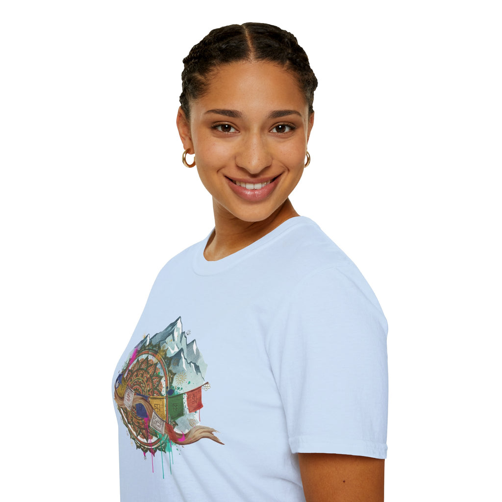 Adventure Compass T-Shirt — Mountain Compass with Prayer Flags & Colorful Globe