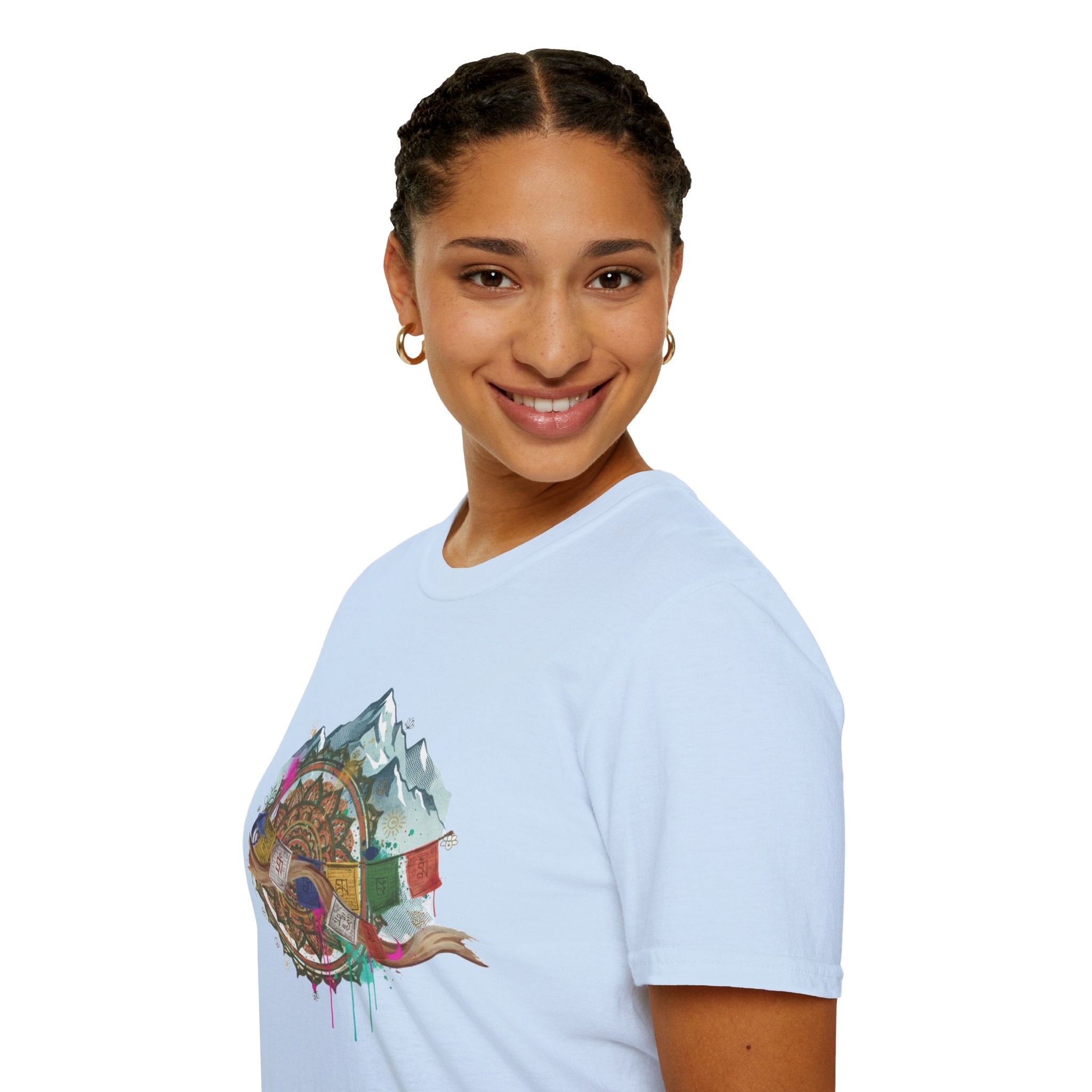 Adventure Compass T-Shirt — Mountain Compass with Prayer Flags & Colorful Globe