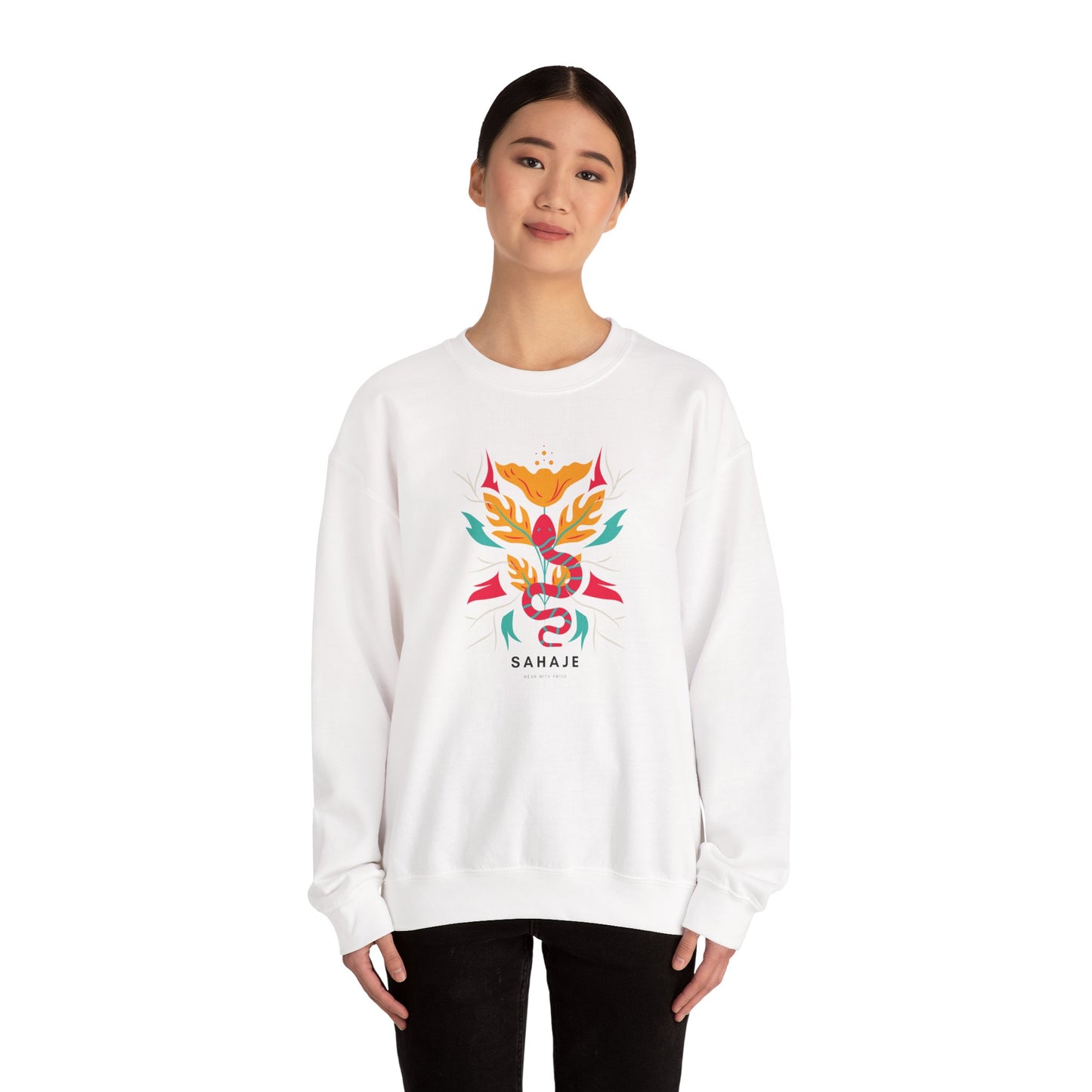 Sahajé Floral Snake Crewneck Sweatshirt — Colorful Botanical Serpent Graphic