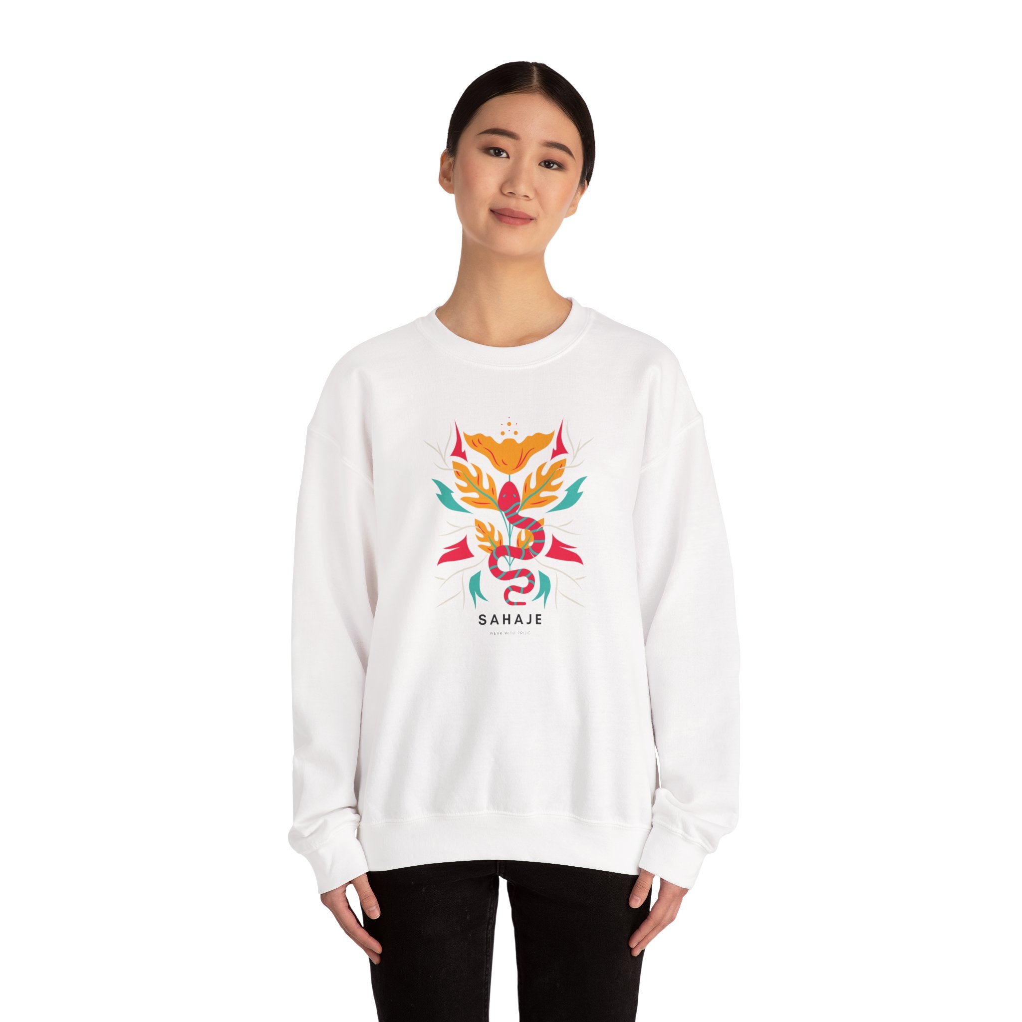Sahajé Floral Snake Crewneck Sweatshirt — Colorful Botanical Serpent Graphic