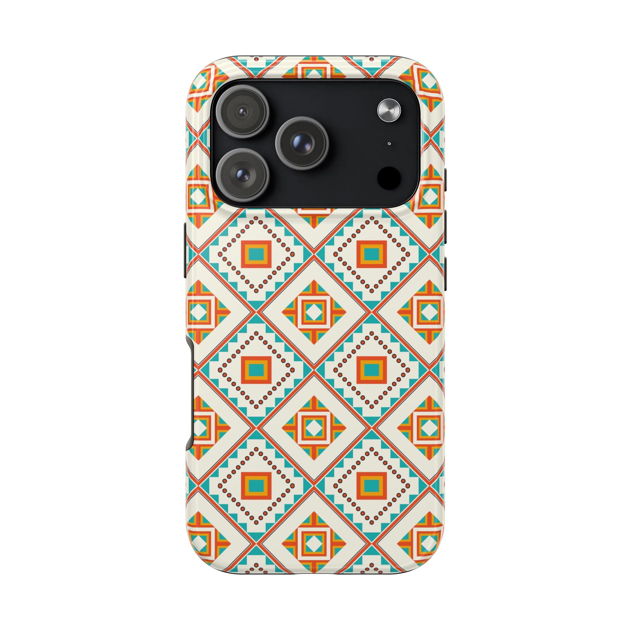 Tough Phone Case — Geometric Retro Tile Pattern, Orange & Teal Protective Cover