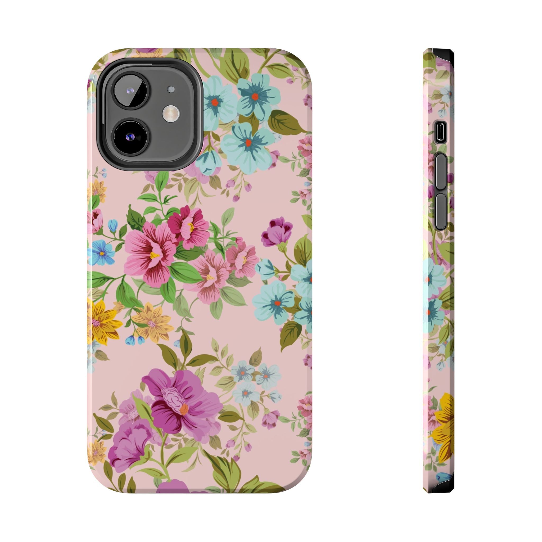 Floral Vintage Tough Phone Case — Pink Rose & Blue Blossom Protective Cover