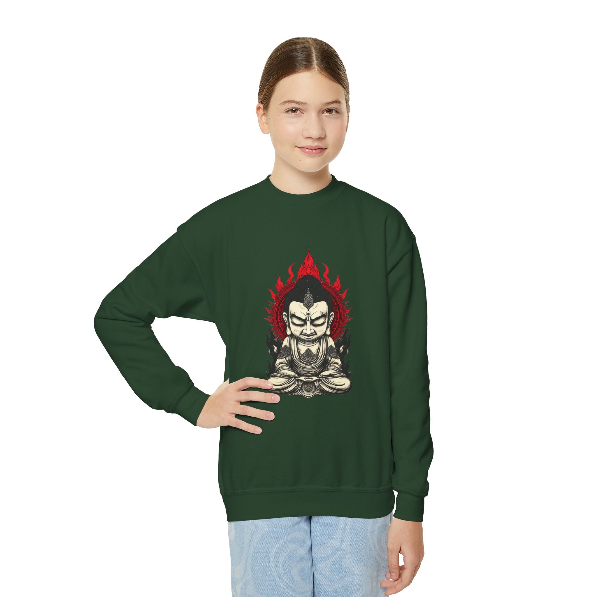 Flaming Meditating Buddha Youth Crewneck Sweatshirt — Zen Graphic Sweater for Kids