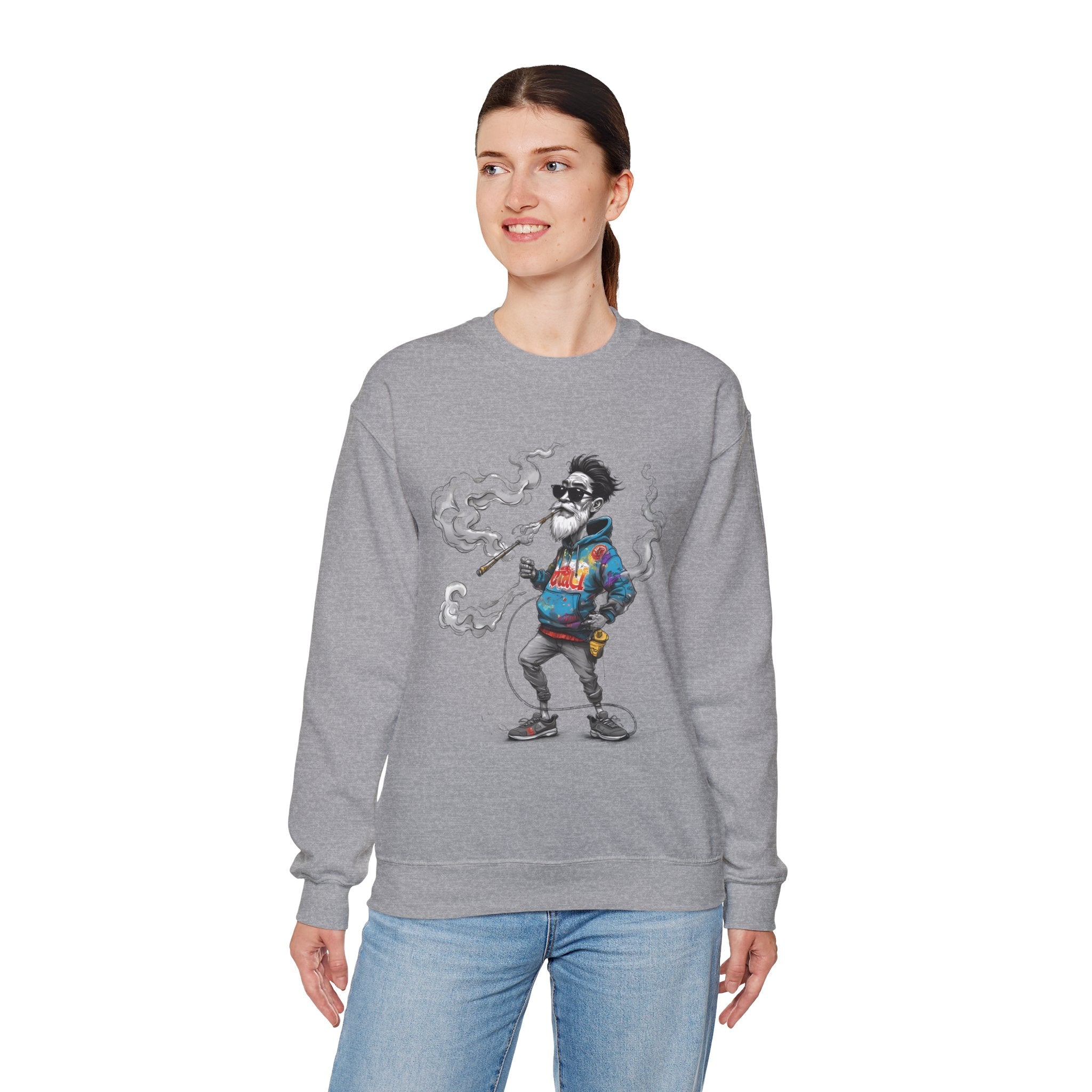 Crewneck Sweatshirt - Retro Cool Grandpa Smoking Pipe Illustration