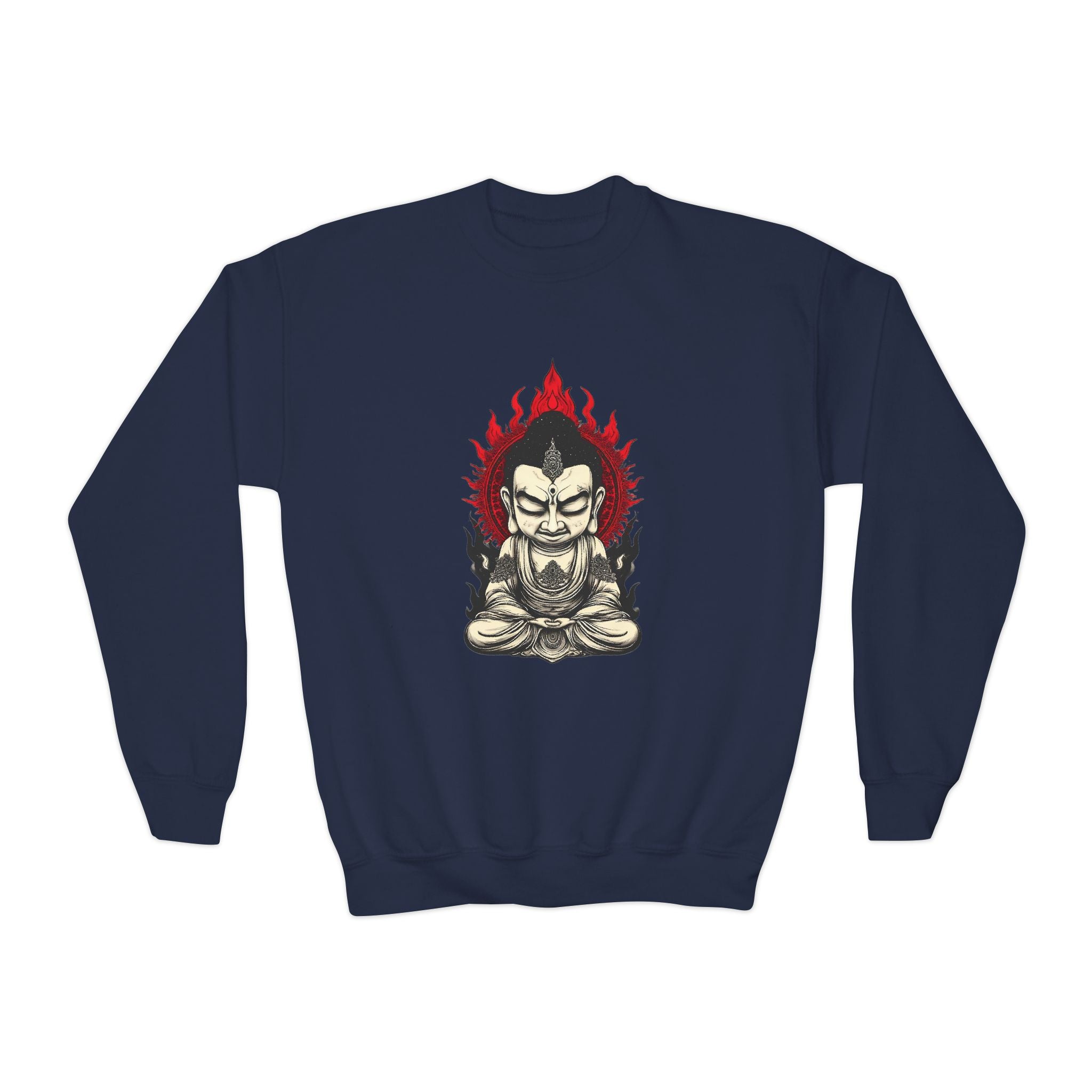 Flaming Meditating Buddha Youth Crewneck Sweatshirt — Zen Graphic Sweater for Kids