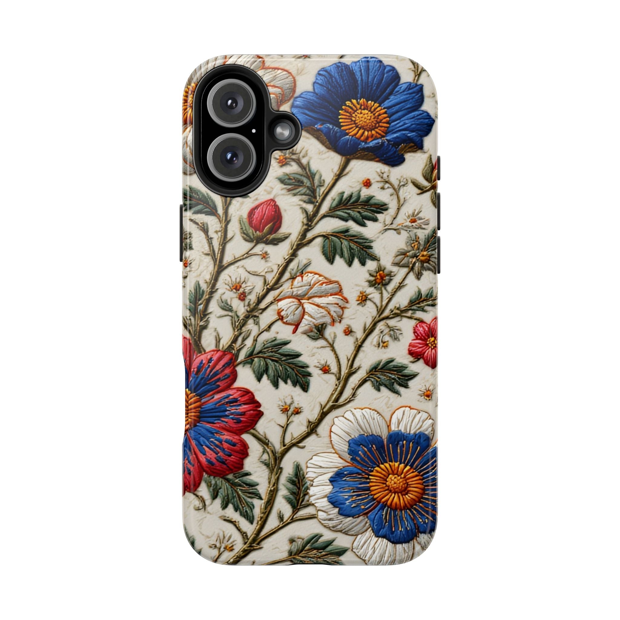 Floral Embroidery Tough Phone Case — Vintage Blue & Red Garden Design