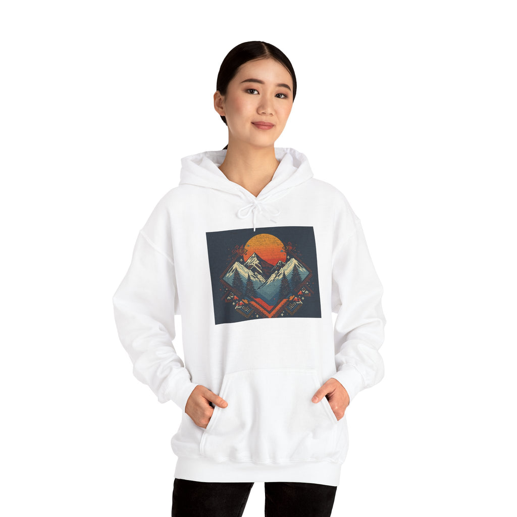 Mountain Sunset Hoodie – Retro Geometric Peaks & Rising Sun Sweatshirt