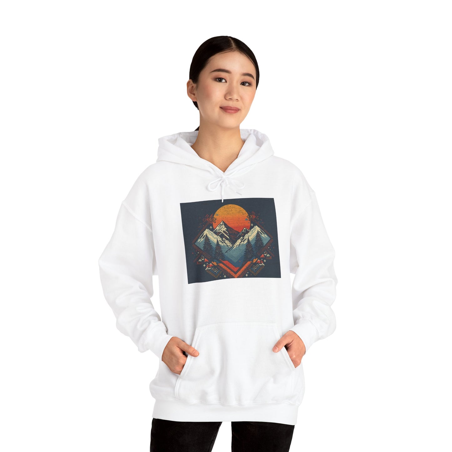Mountain Sunset Hoodie – Retro Geometric Peaks & Rising Sun Sweatshirt