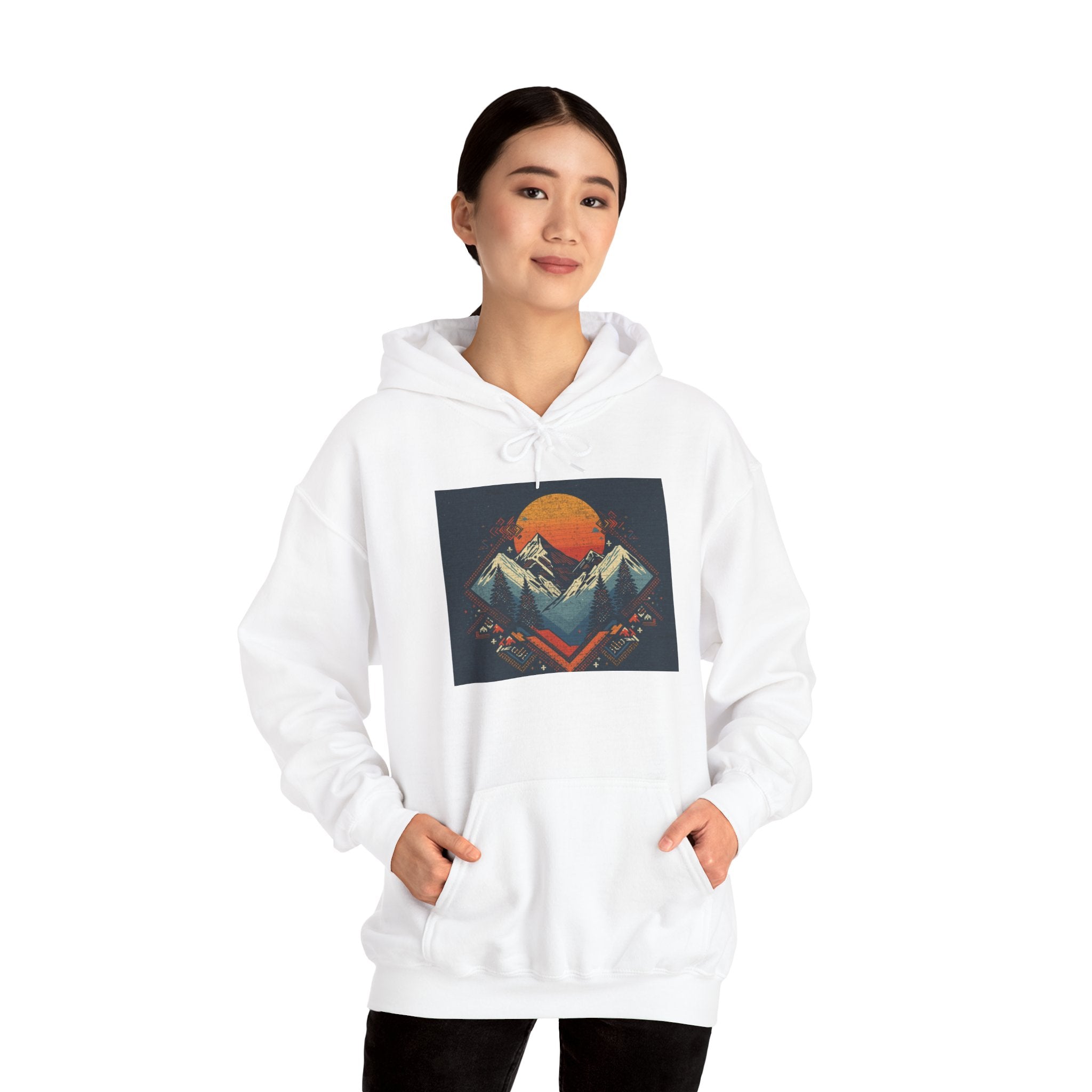 Mountain Sunset Hoodie – Retro Geometric Peaks & Rising Sun Sweatshirt