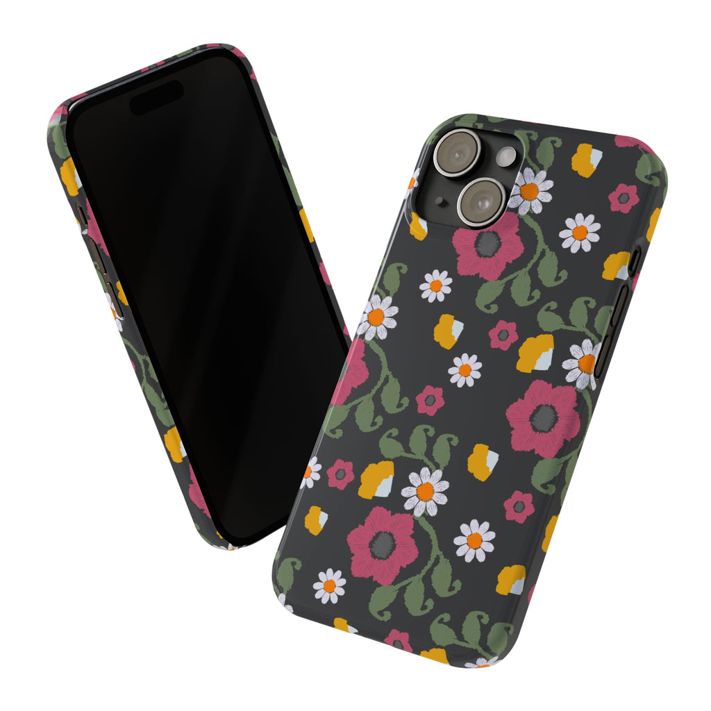 Floral Slim Phone Case, Black Flower Phone Cover, Stylish Phone Accessory, Gift for Her, Trendy Floral Case