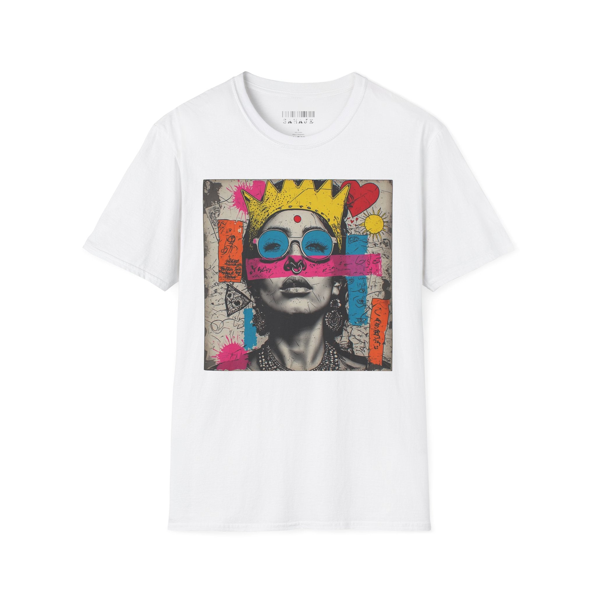 Abstract Pop Art Portrait T-Shirt — Neon Crown & Sunglasses Graphic
