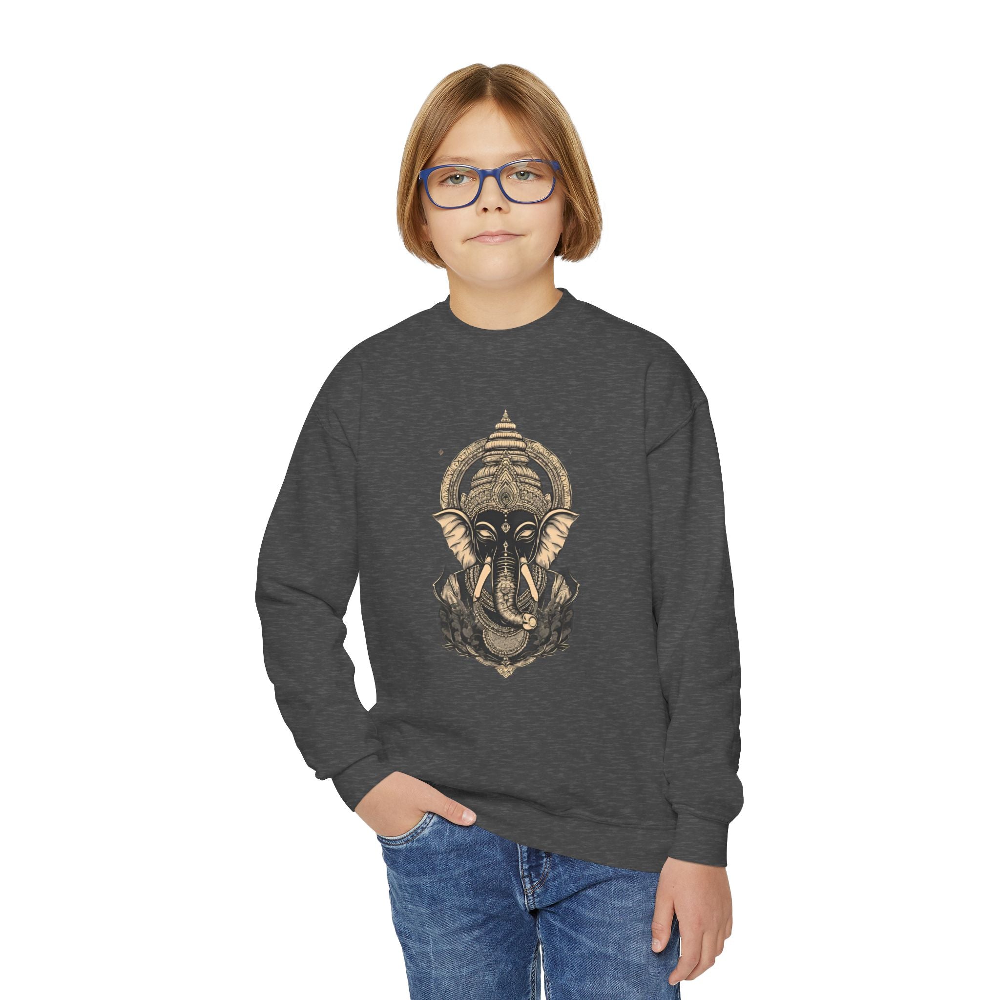 Ganesha Elephant Graphic Crewneck Sweatshirt — Youth Spiritual/Boho Kids Pullover